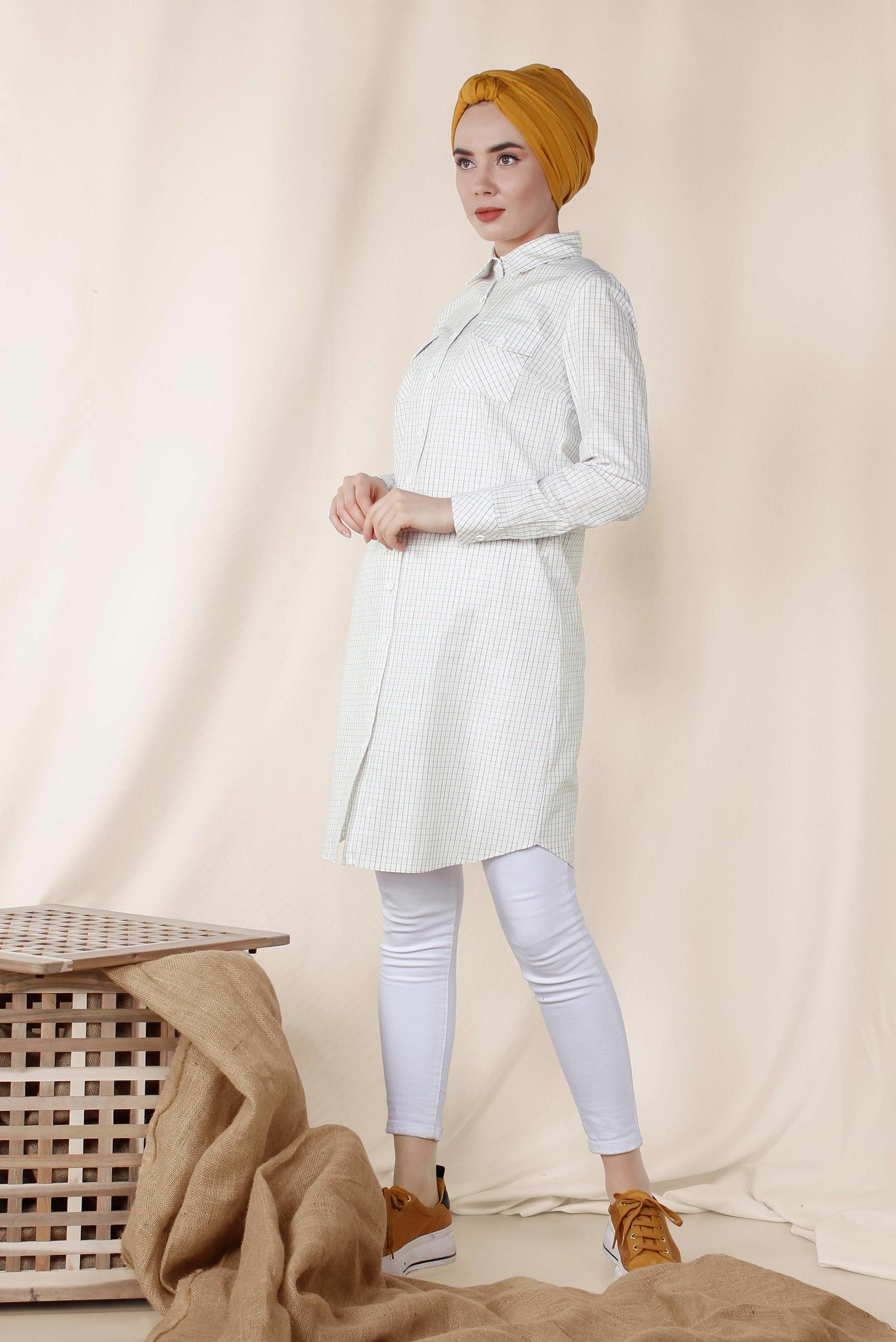 Tesettür giyim BEYAZ KARE DESENLİ PAMUKLU TUNİK 4149