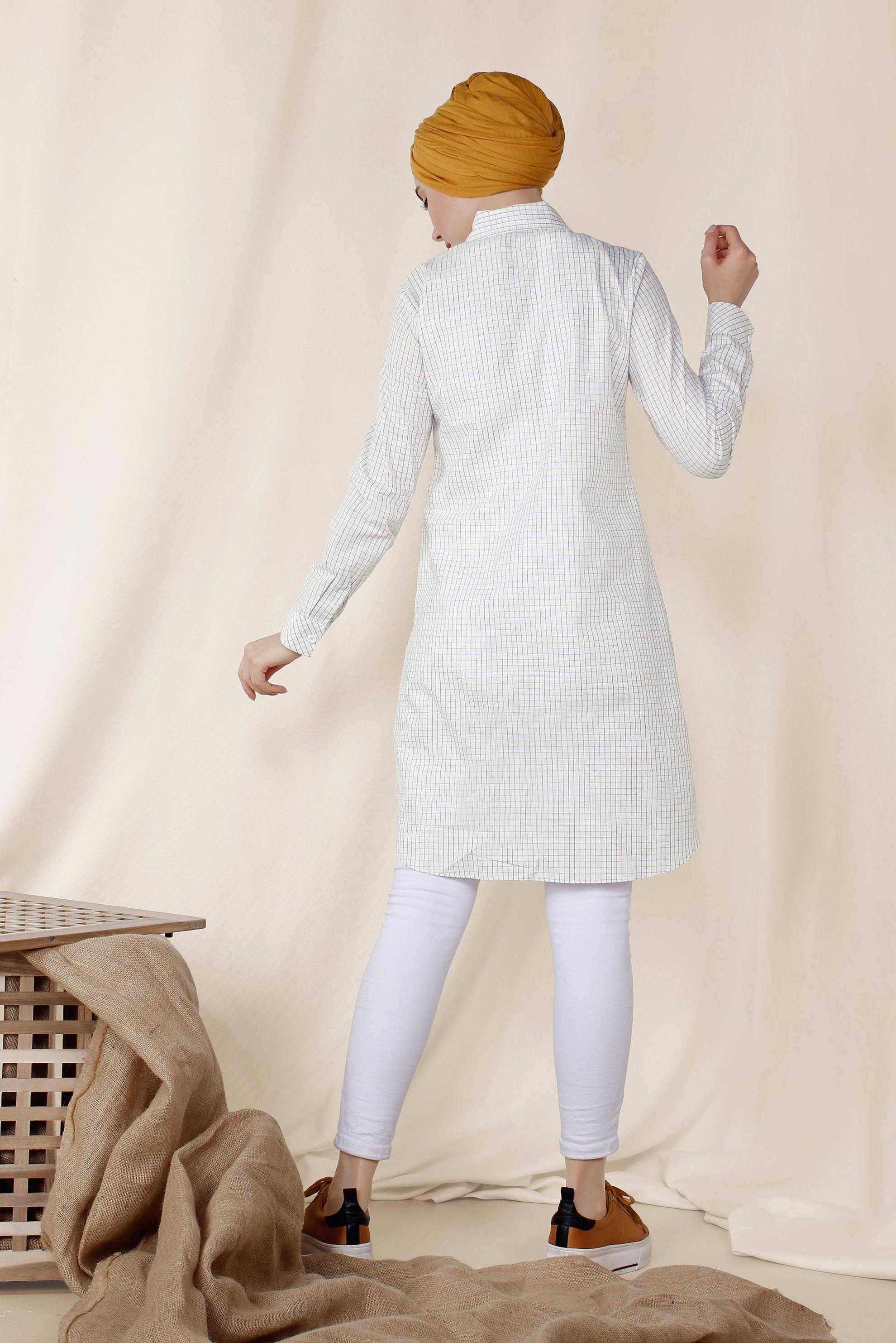 Tesettür giyim BEYAZ KARE DESENLİ PAMUKLU TUNİK 4149