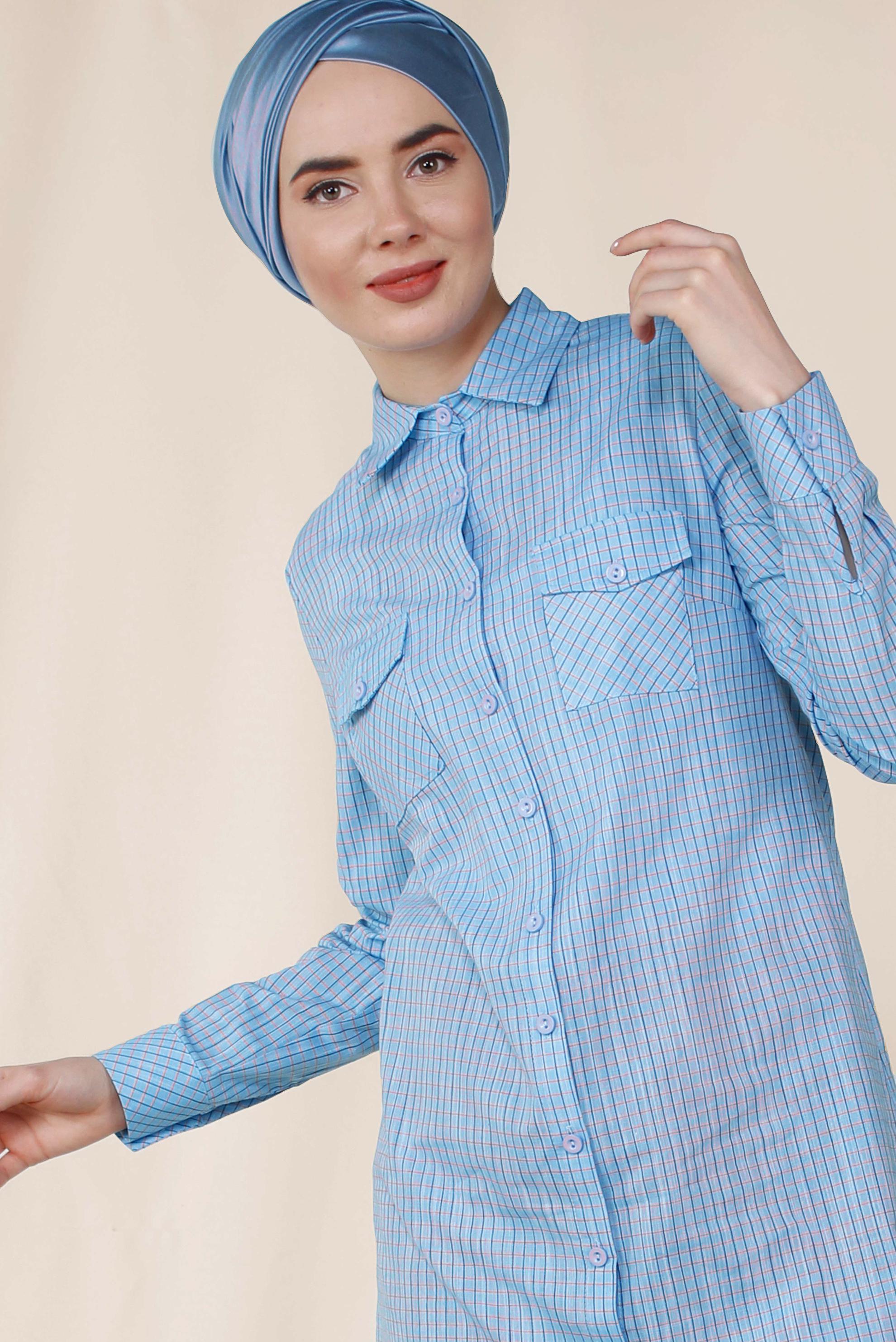 Tesettür giyim MAVİ KARE DESENLİ PAMUKLU TUNİK 4149