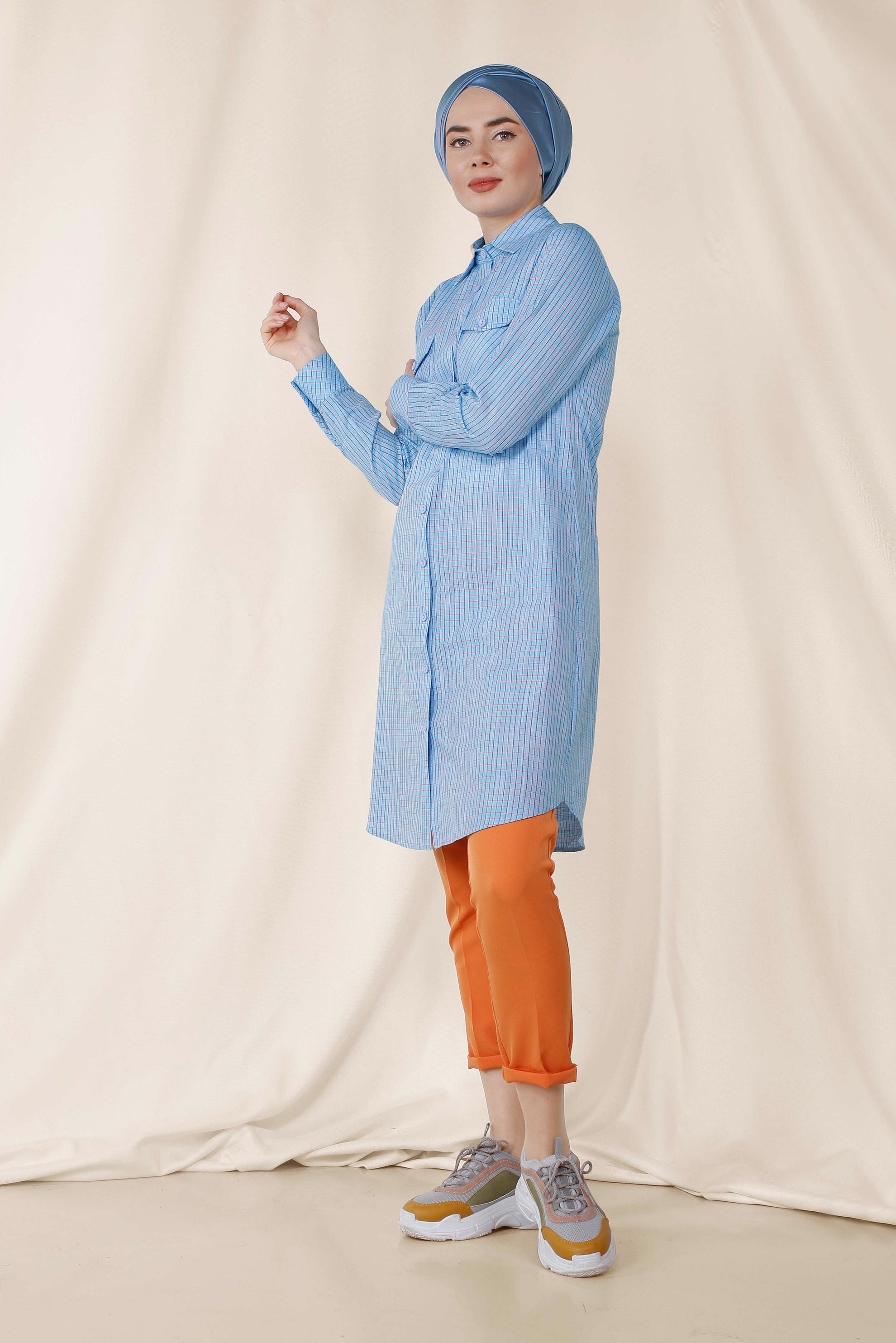 Tesettür giyim MAVİ KARE DESENLİ PAMUKLU TUNİK 4149