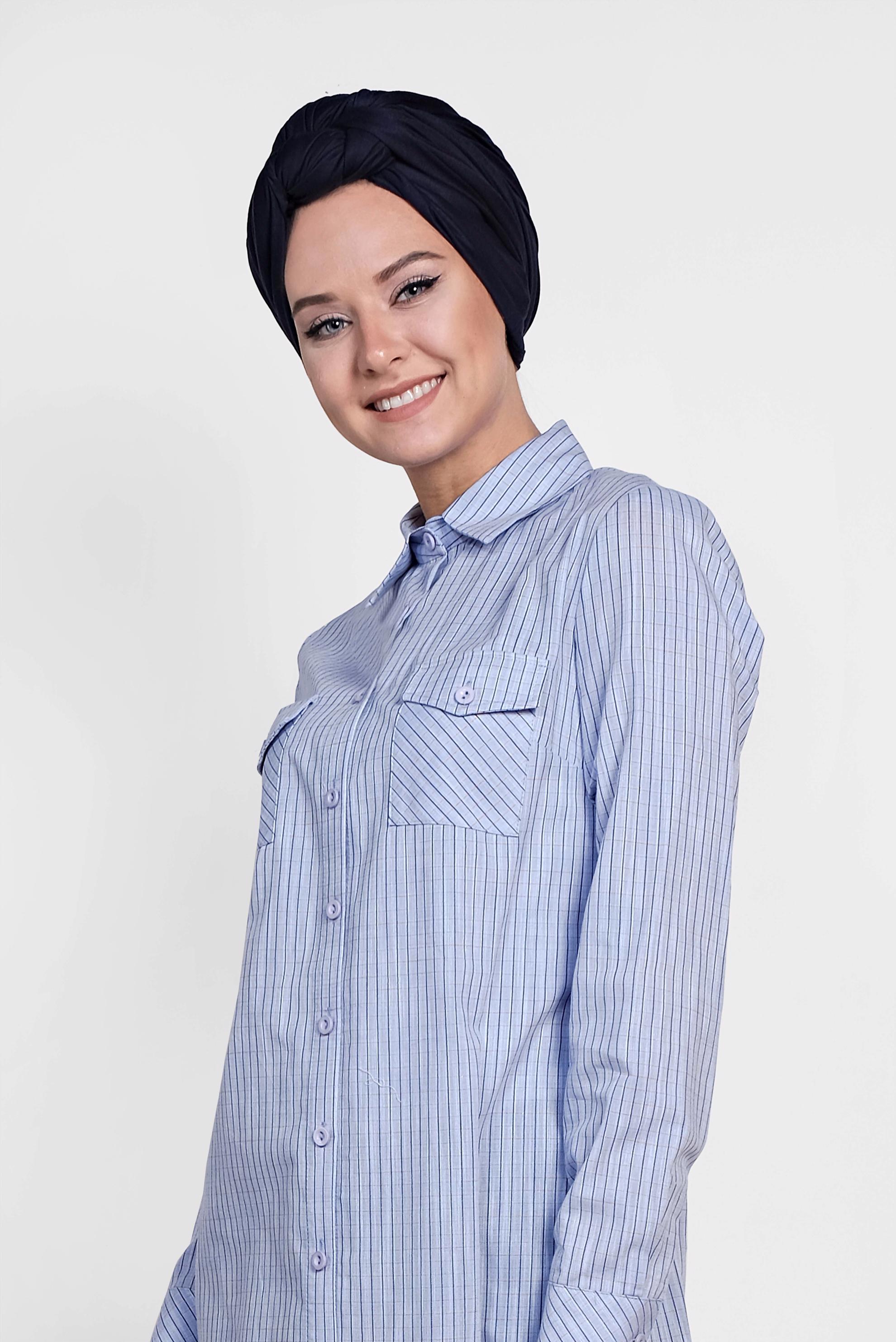 Tesettür giyim MAVİ KARE DESENLİ PAMUKLU TUNİK 4149