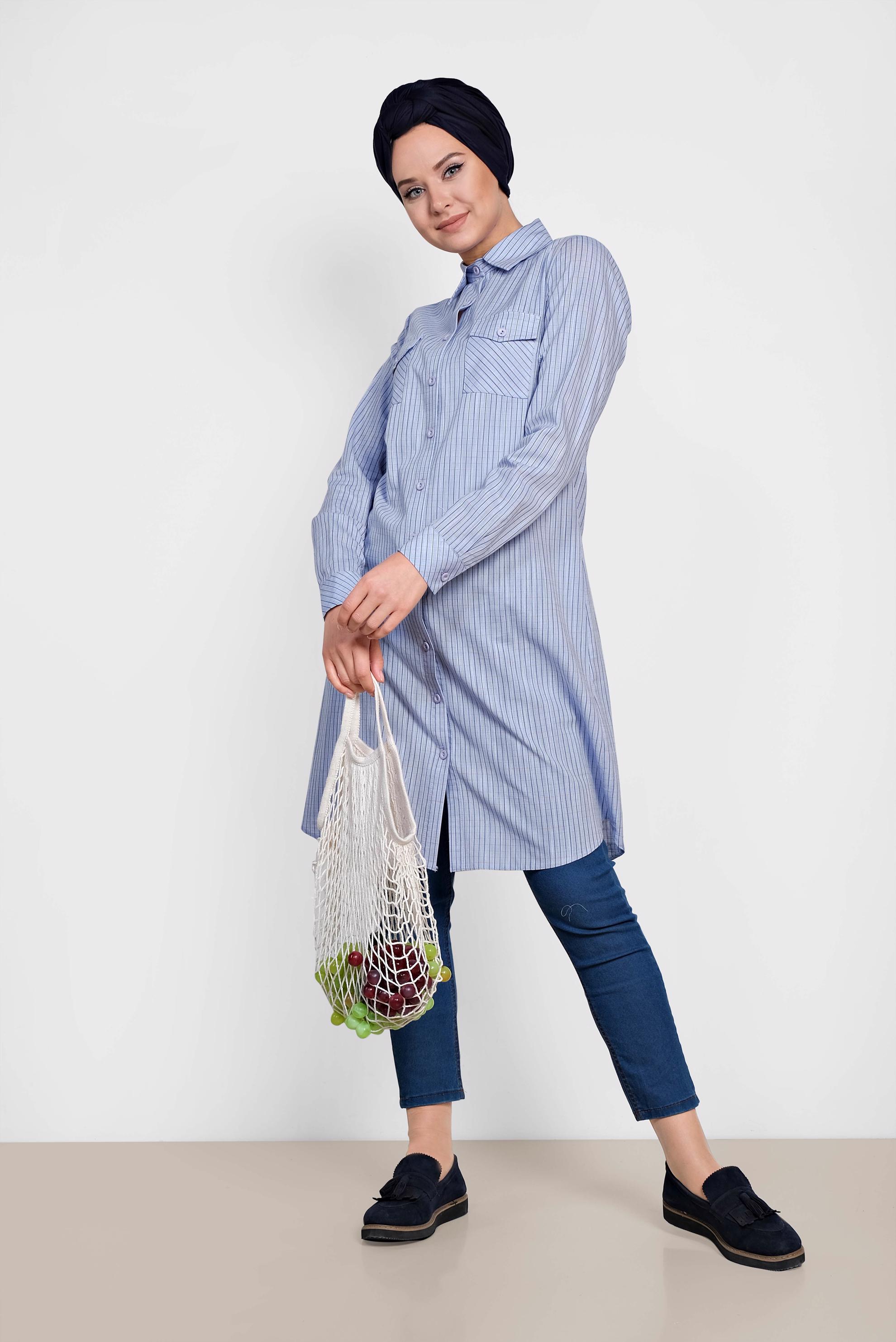 Tesettür giyim MAVİ KARE DESENLİ PAMUKLU TUNİK 4149