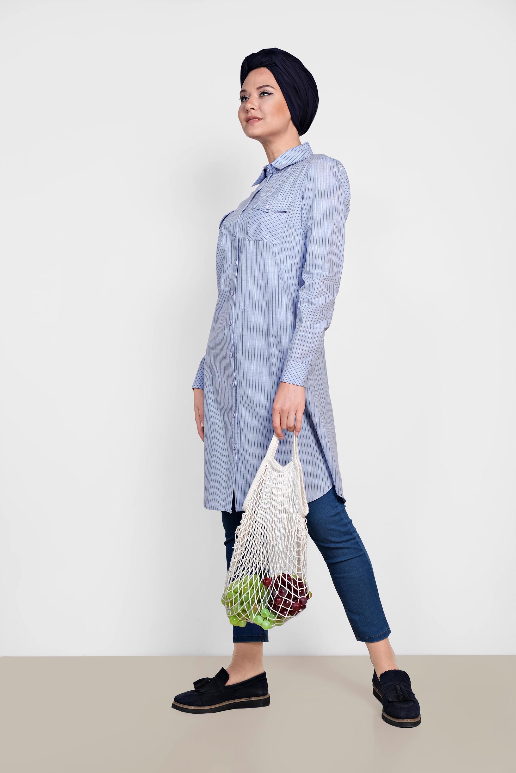 Tesettür giyim MAVİ KARE DESENLİ PAMUKLU TUNİK 4149