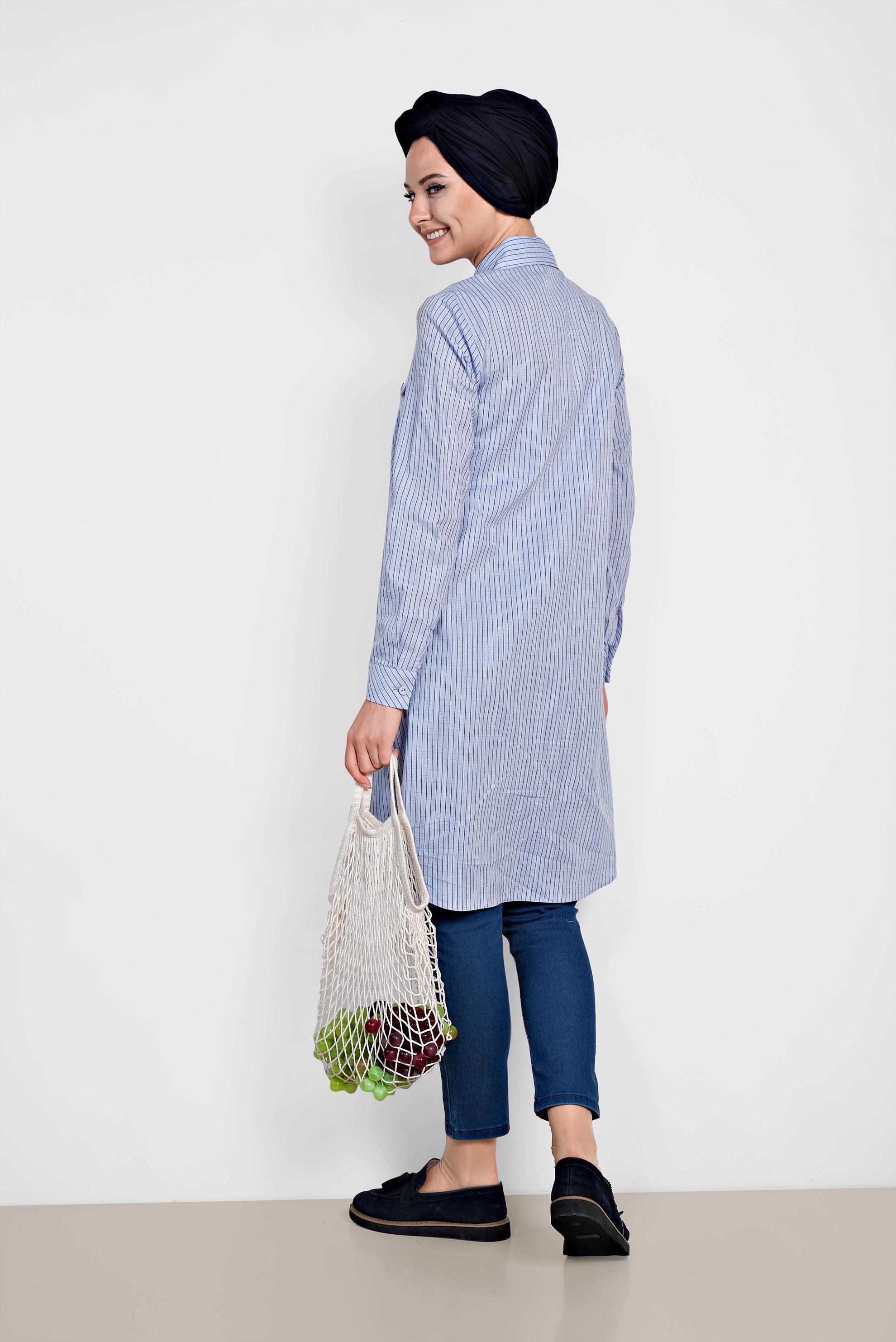 Tesettür giyim MAVİ KARE DESENLİ PAMUKLU TUNİK 4149