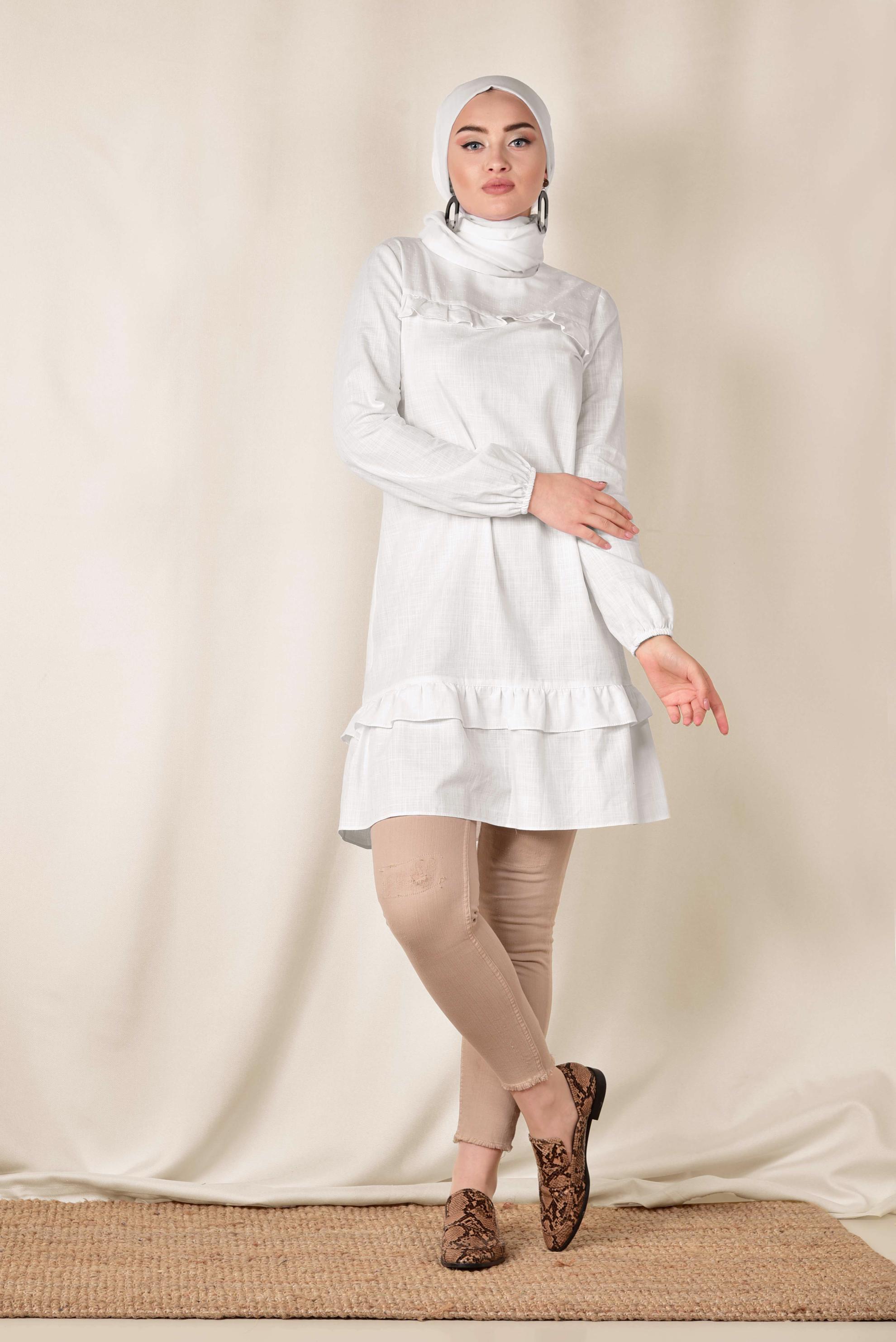 Tesettür giyim BEYAZ FIRFIRLI TUNİK 4151