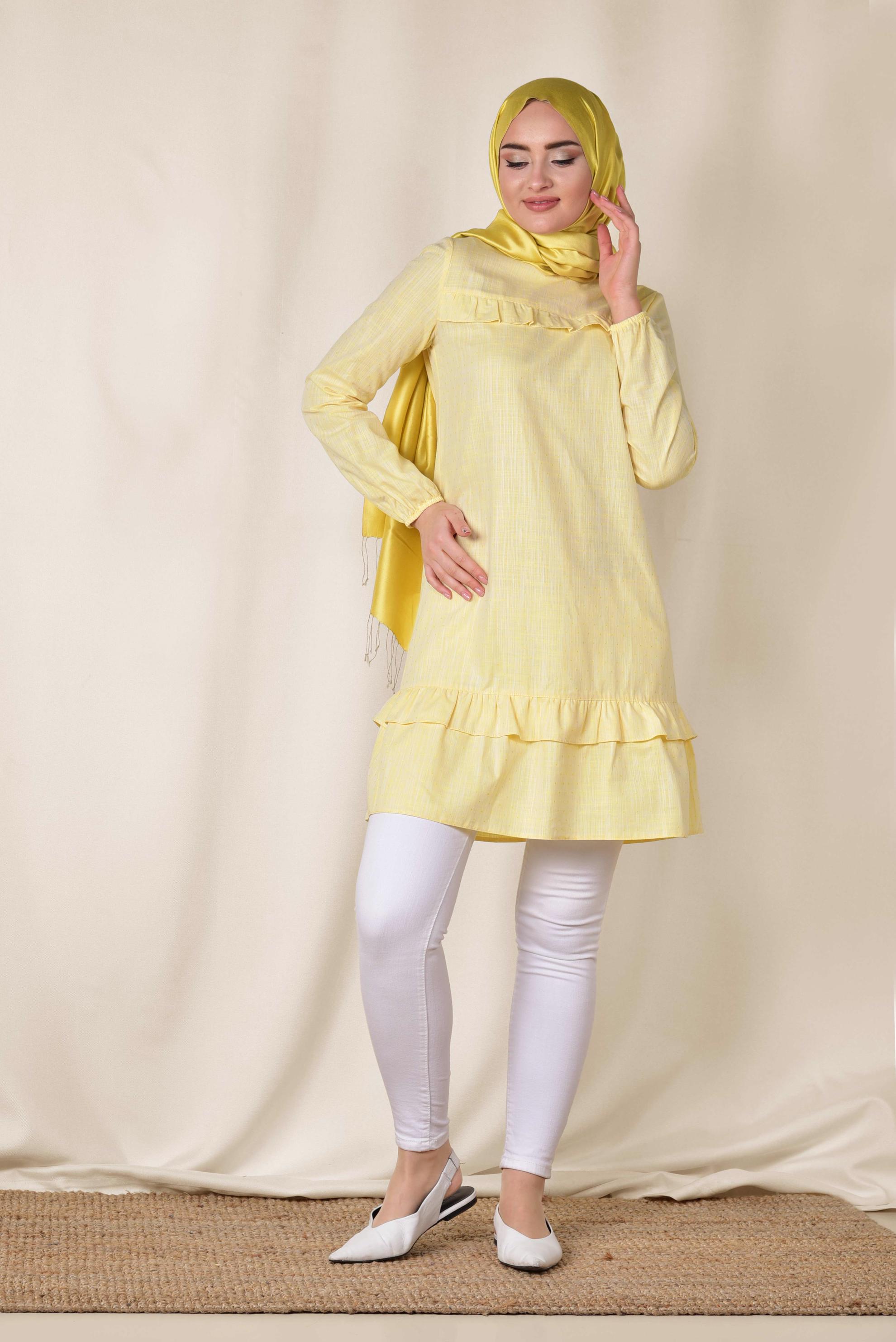 Tesettür giyim SARI FIRFIRLI TUNİK 4151