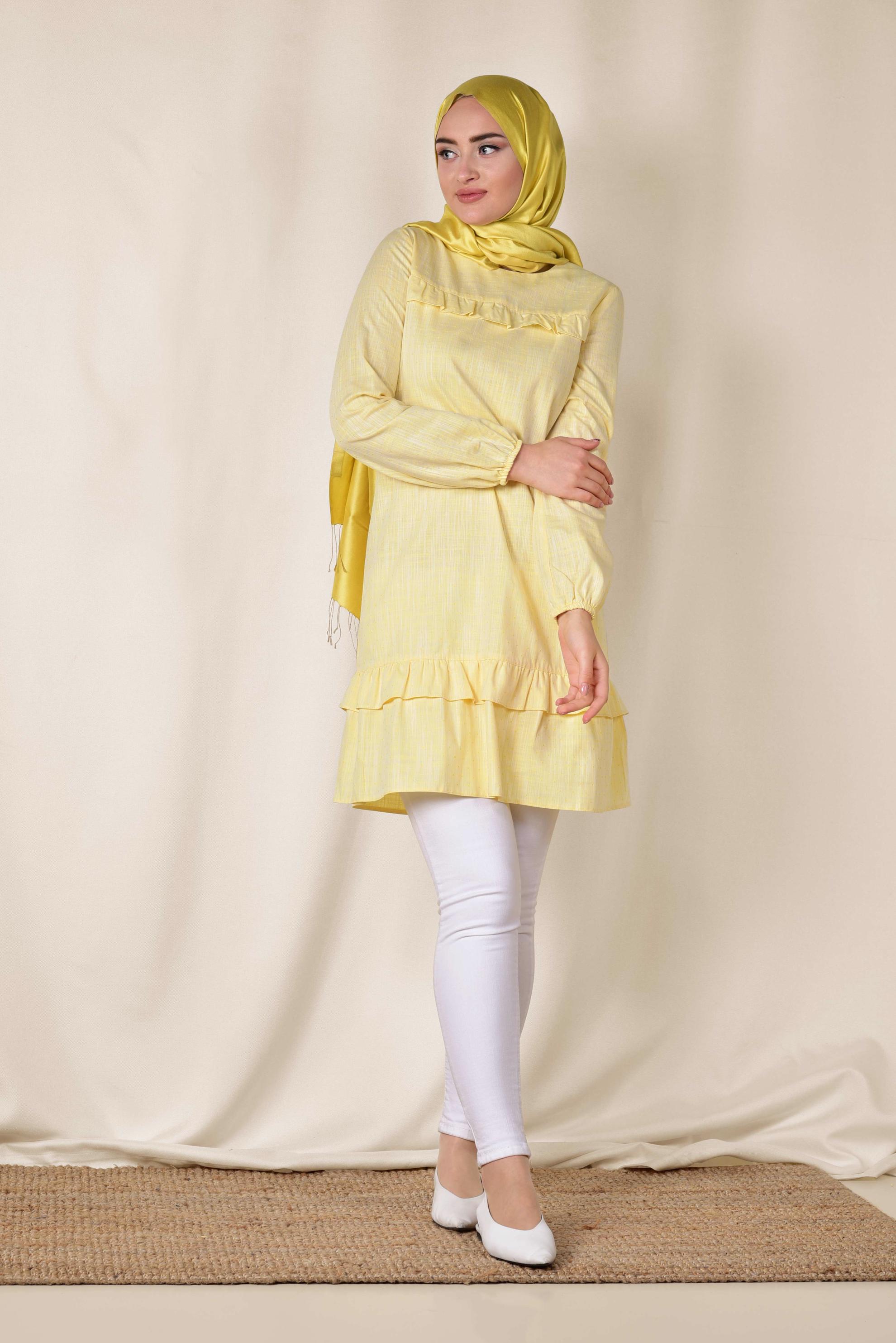 Tesettür giyim SARI FIRFIRLI TUNİK 4151