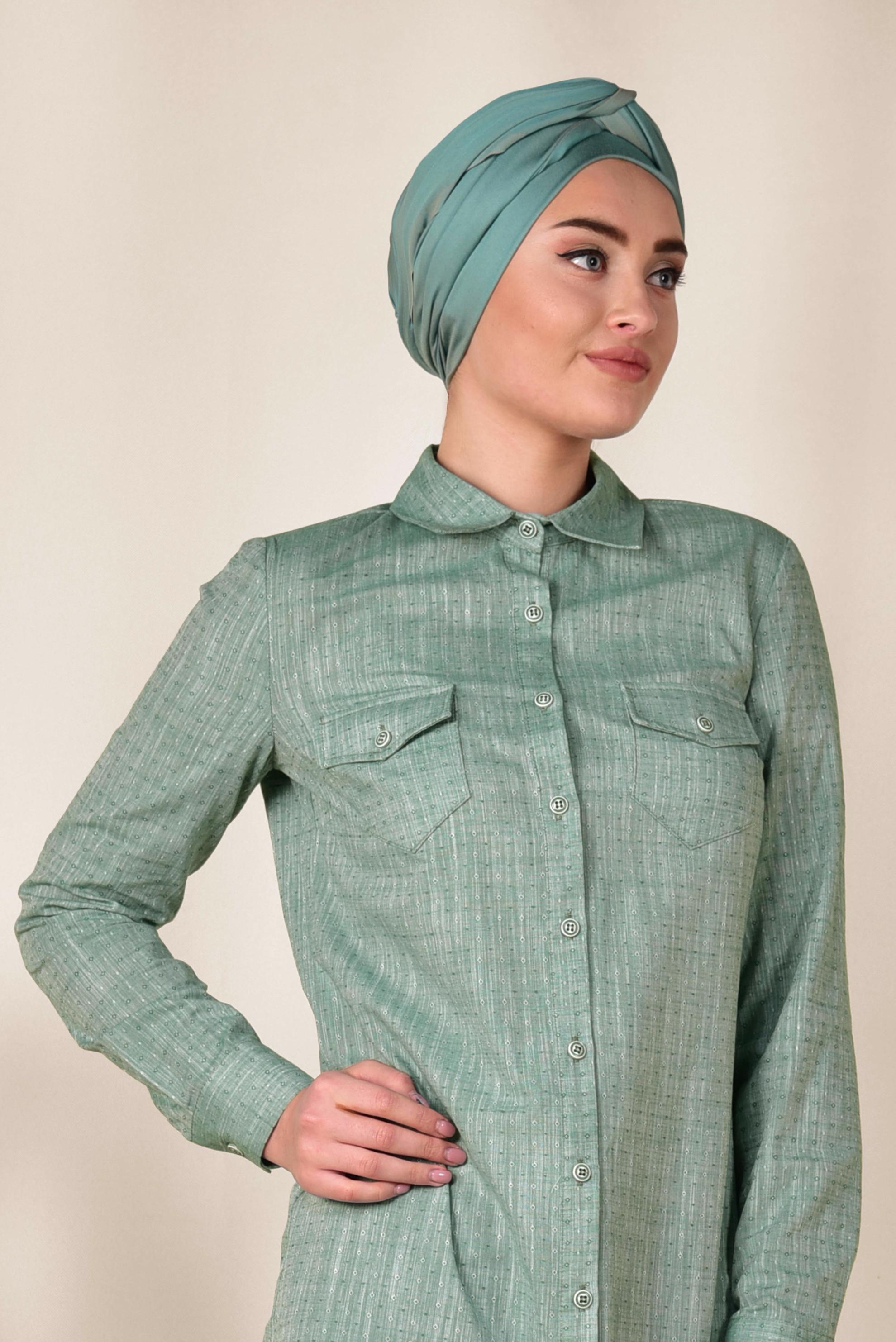 Tesettür giyim YEŞİL GÖMLEK YAKA TESETTÜR TUNİK 4152