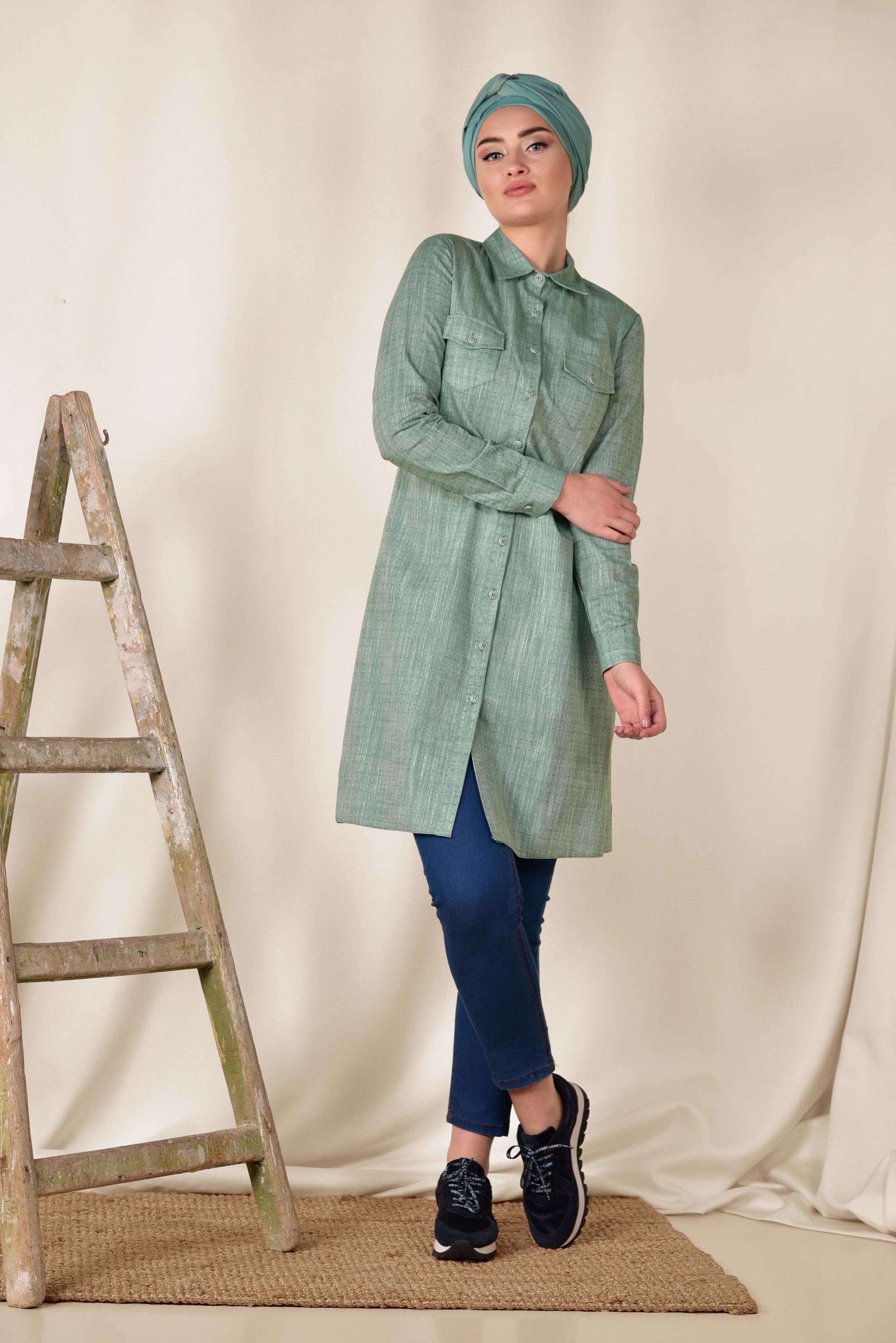 Tesettür giyim YEŞİL GÖMLEK YAKA TESETTÜR TUNİK 4152