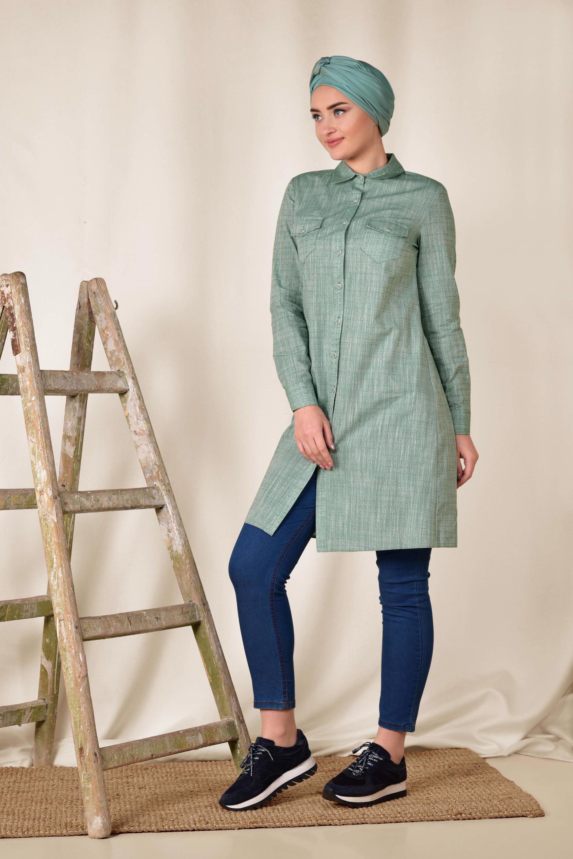 Tesettür giyim YEŞİL GÖMLEK YAKA TESETTÜR TUNİK 4152