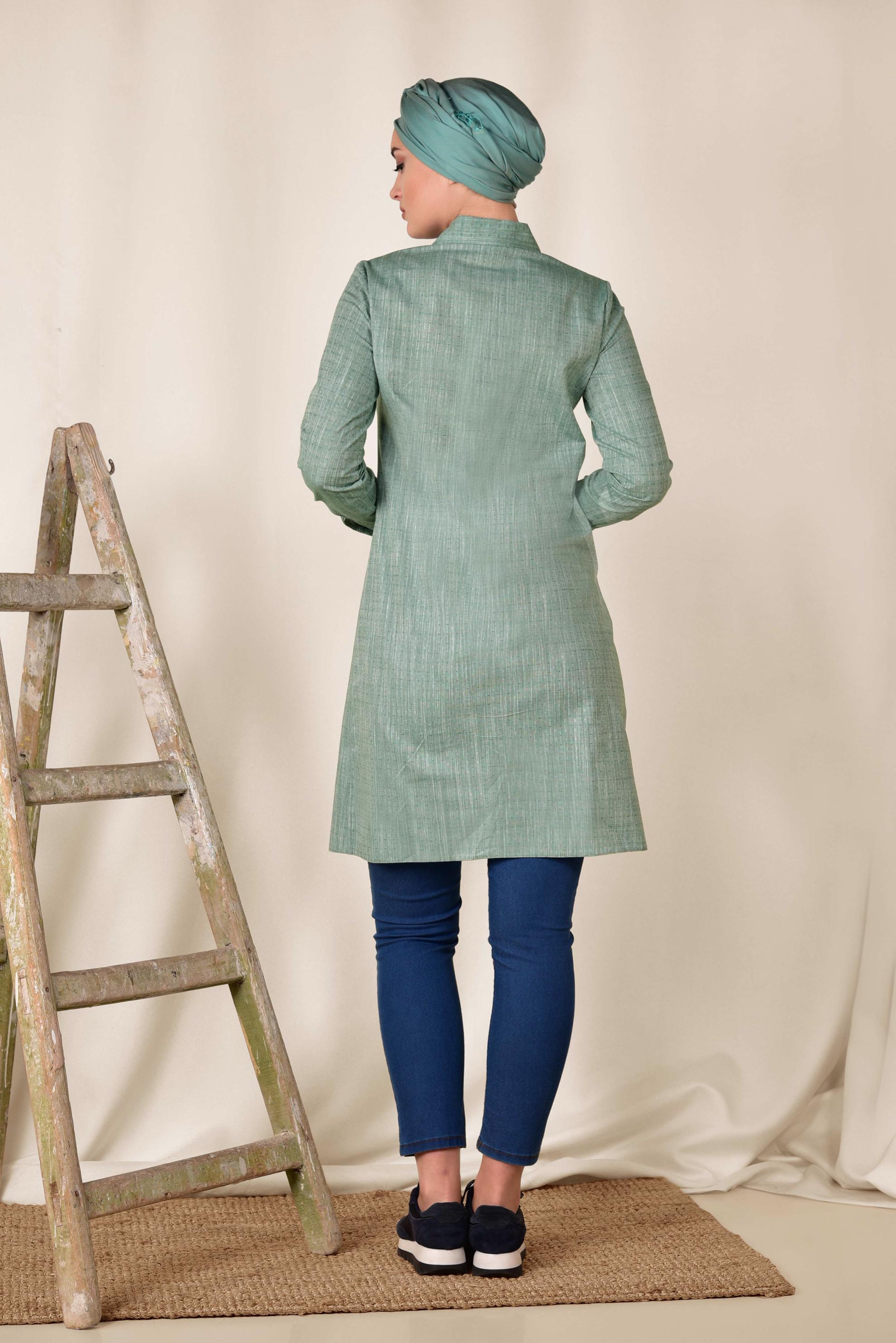 Tesettür giyim YEŞİL GÖMLEK YAKA TESETTÜR TUNİK 4152