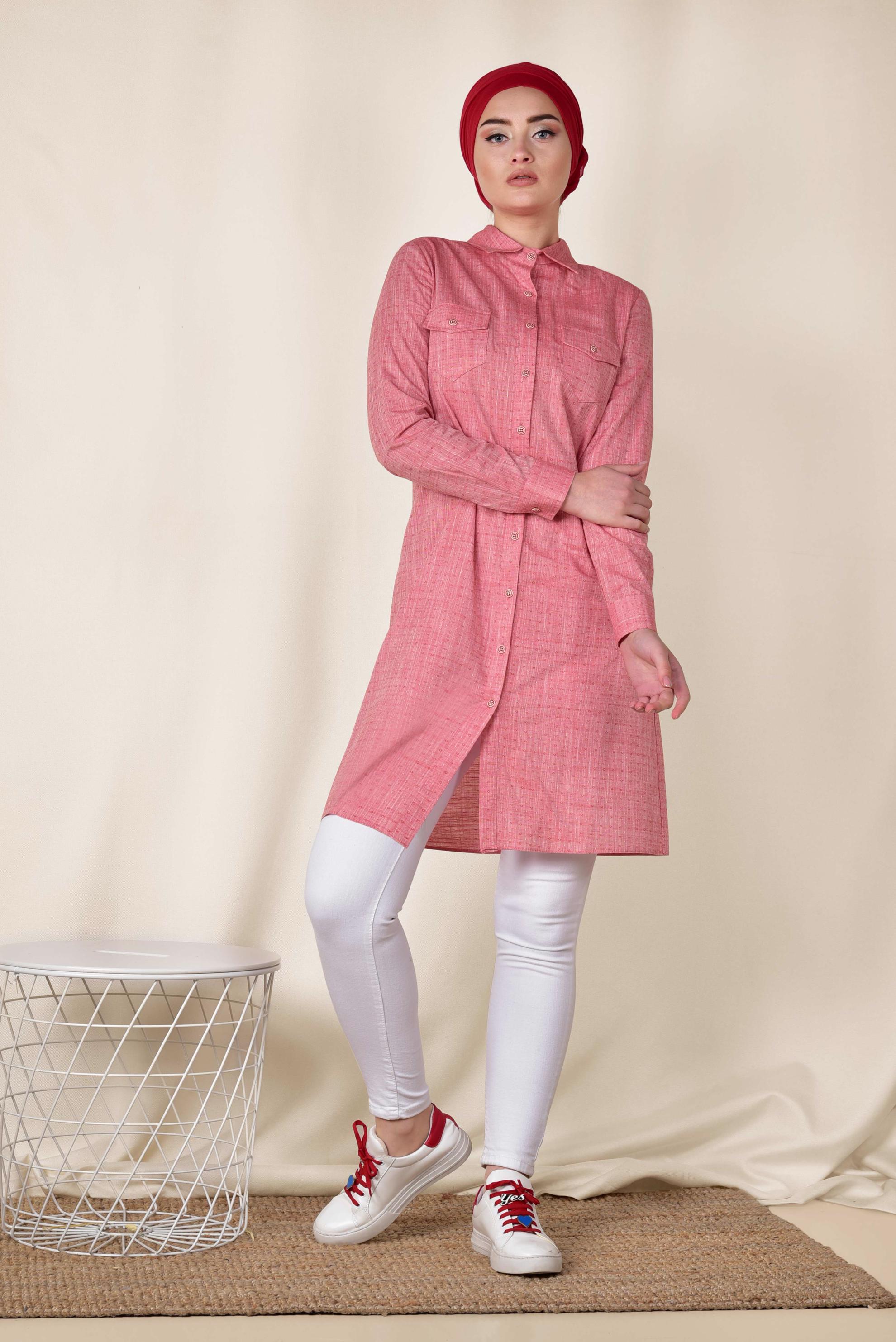 Tesettür giyim KIRMIZI GÖMLEK YAKA TESETTÜR TUNİK 4152