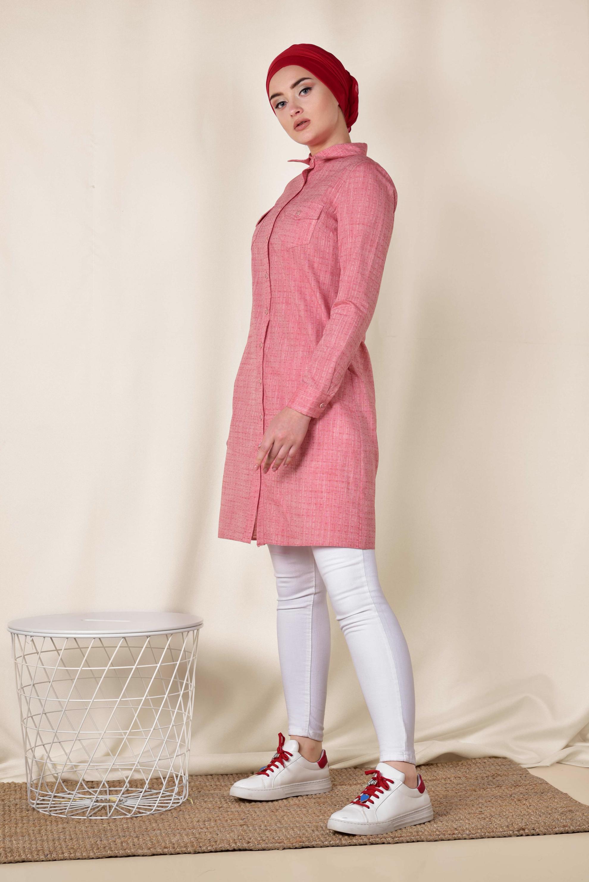 Tesettür giyim KIRMIZI GÖMLEK YAKA TESETTÜR TUNİK 4152