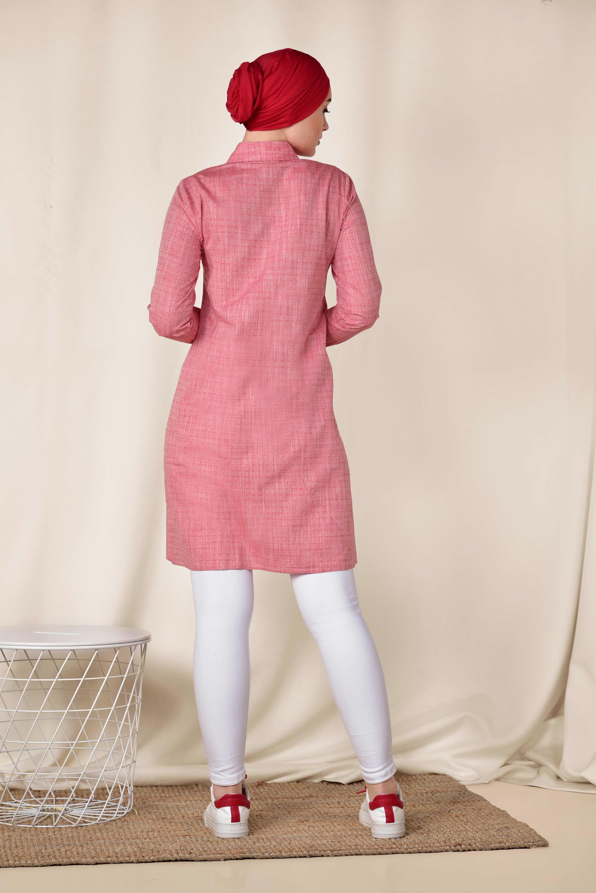 Tesettür giyim KIRMIZI GÖMLEK YAKA TESETTÜR TUNİK 4152