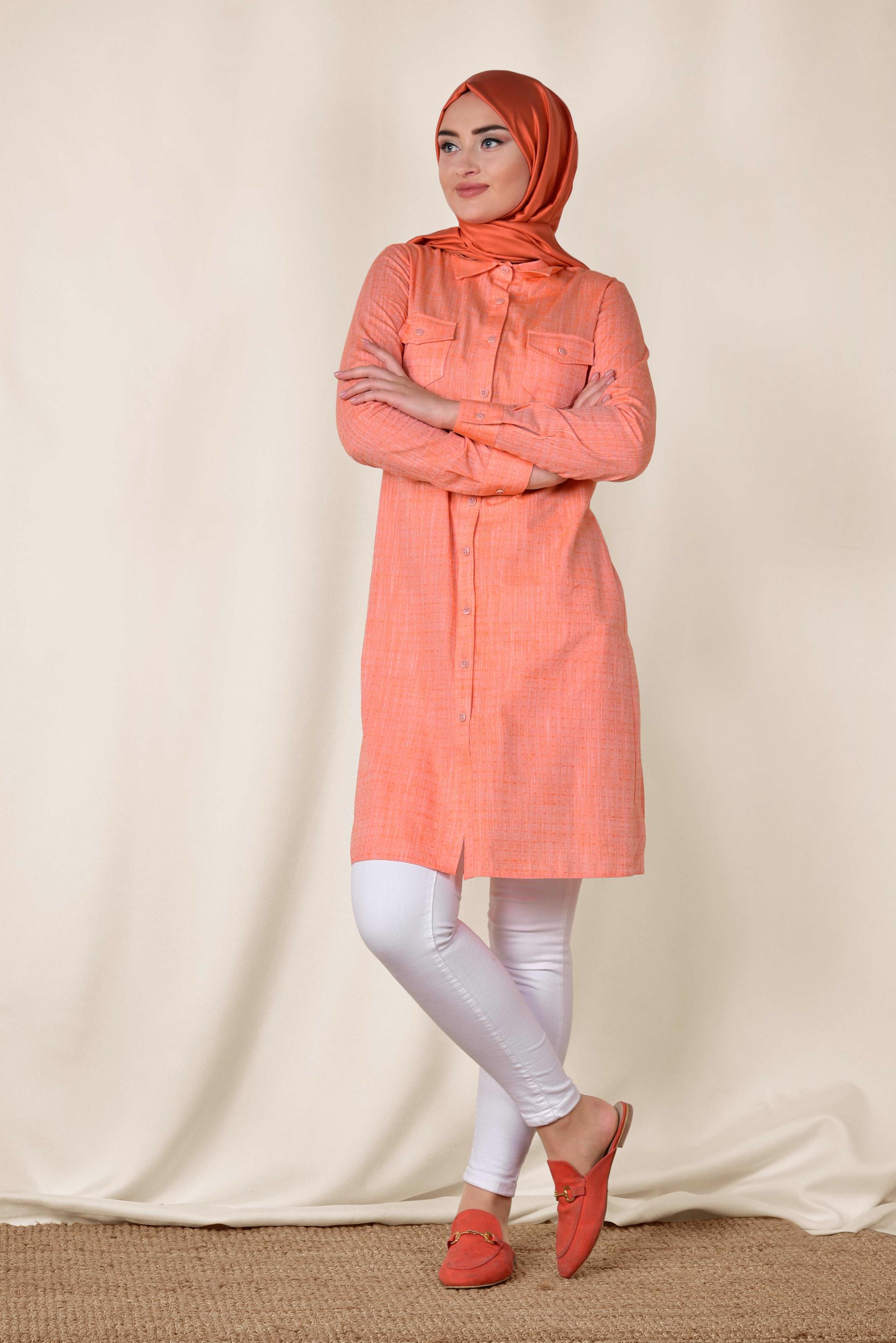 Tesettür giyim TURUNCU GÖMLEK YAKA TESETTÜR TUNİK 4152