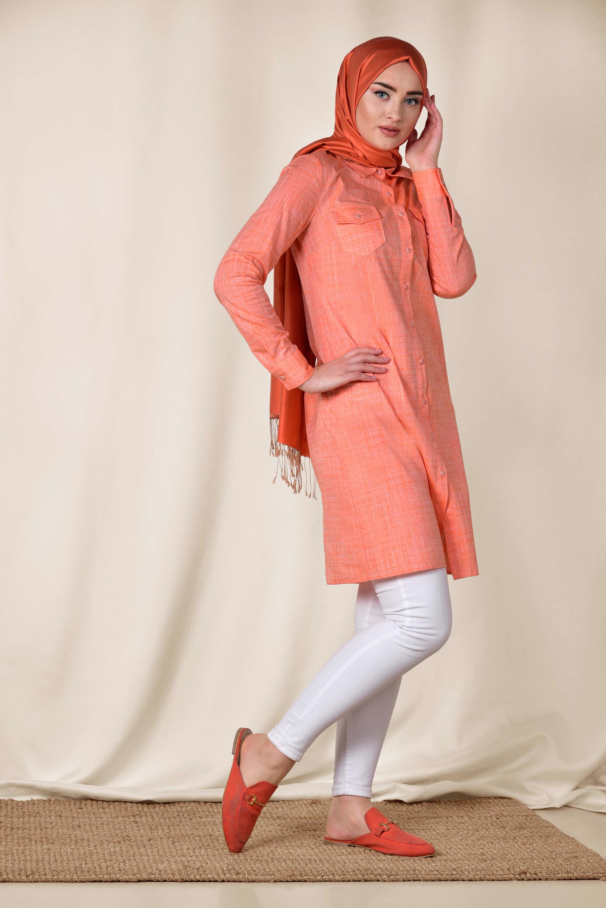 Tesettür giyim TURUNCU GÖMLEK YAKA TESETTÜR TUNİK 4152