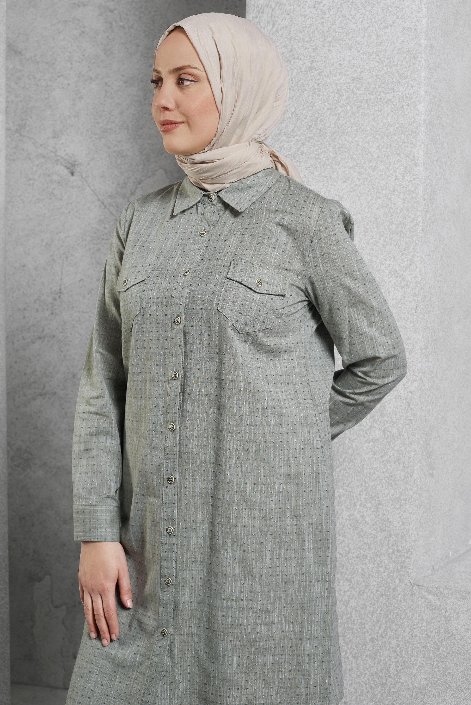 Tesettür giyim HAKİ GÖMLEK YAKA TESETTÜR TUNİK 4152