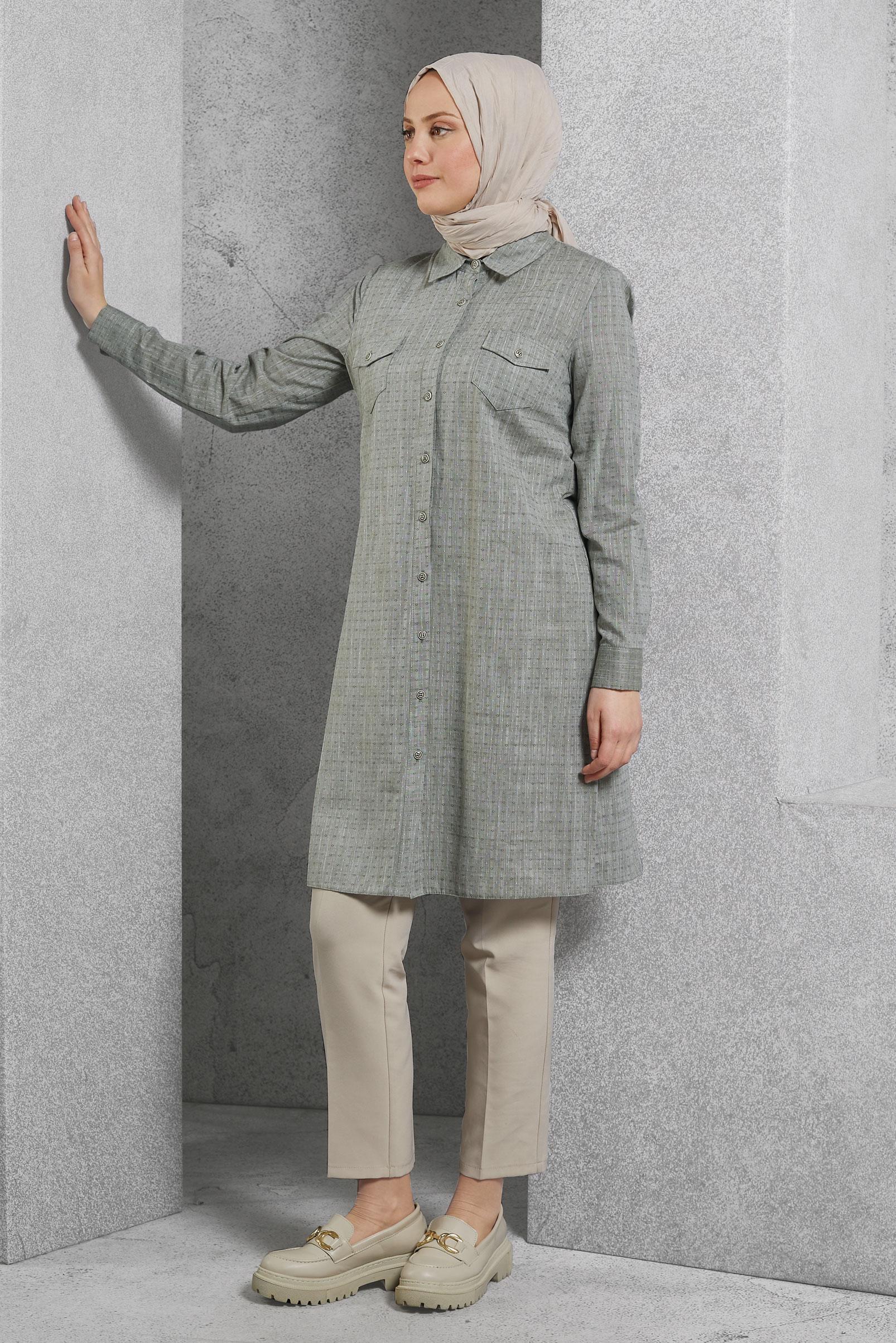 Tesettür giyim HAKİ GÖMLEK YAKA TESETTÜR TUNİK 4152