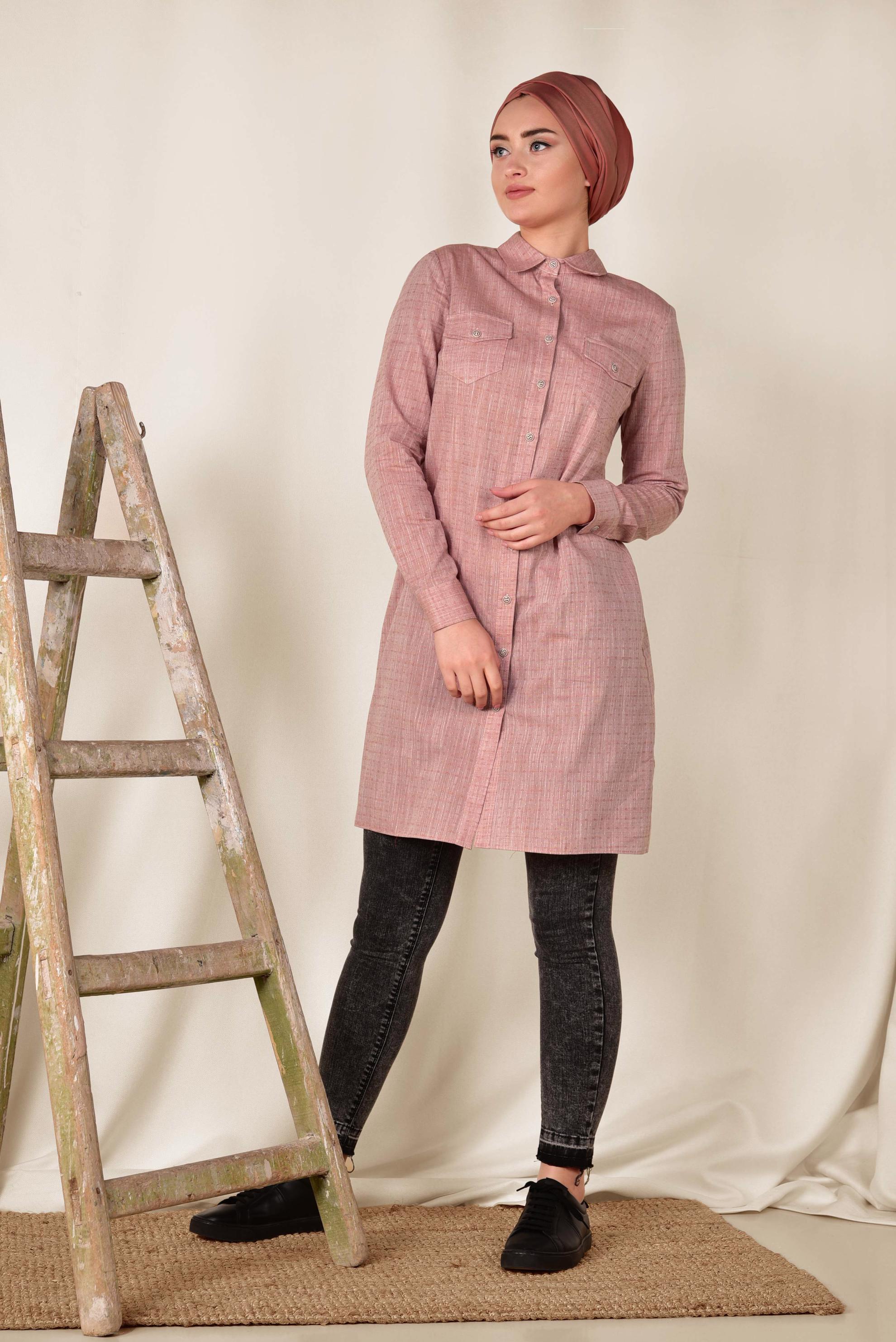 Tesettür giyim TURUNCU GÖMLEK YAKA TESETTÜR TUNİK 4152