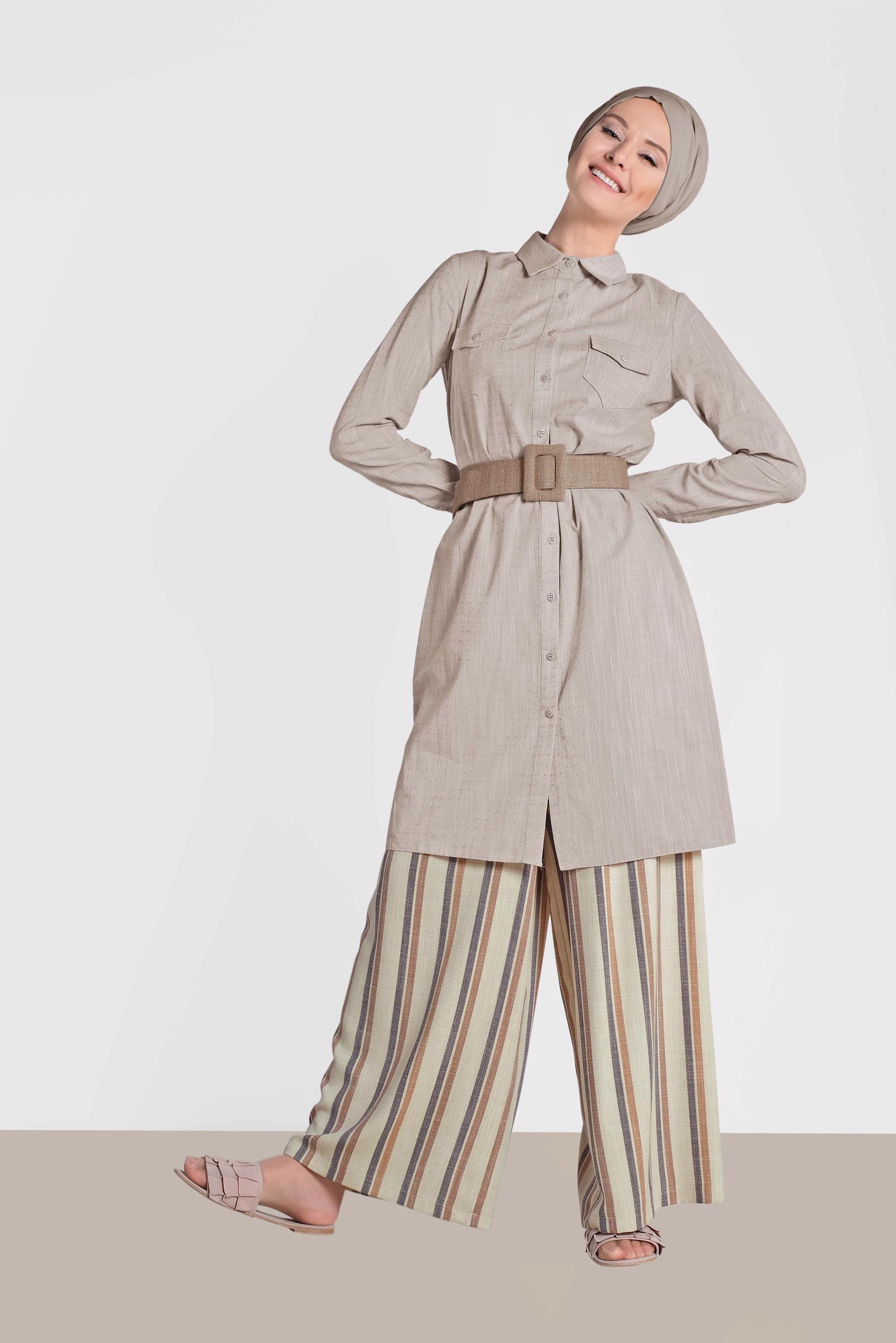 Tesettür giyim KAHVE GÖMLEK YAKA TESETTÜR TUNİK 4152