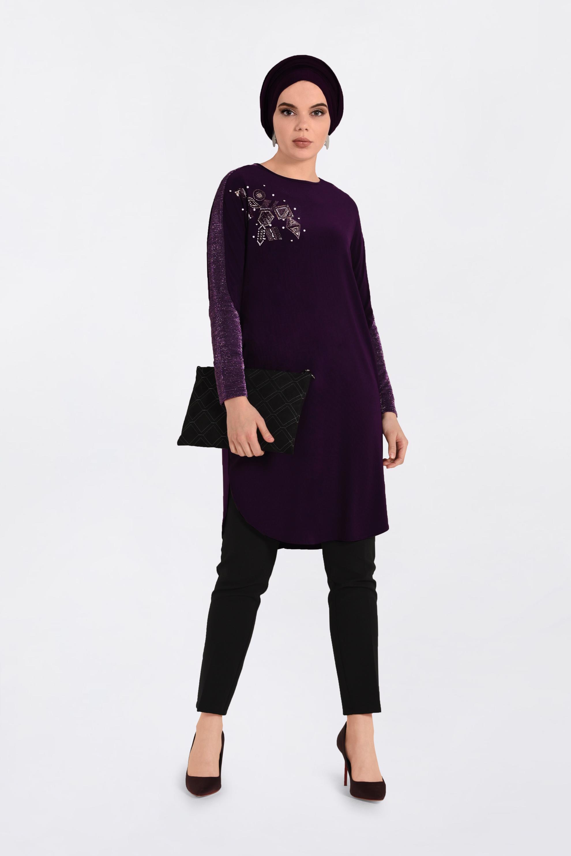 Tesettür giyim MOR KOLLARI SİMLİ ETEK UCU OVAL KESİM TUNİK 4154