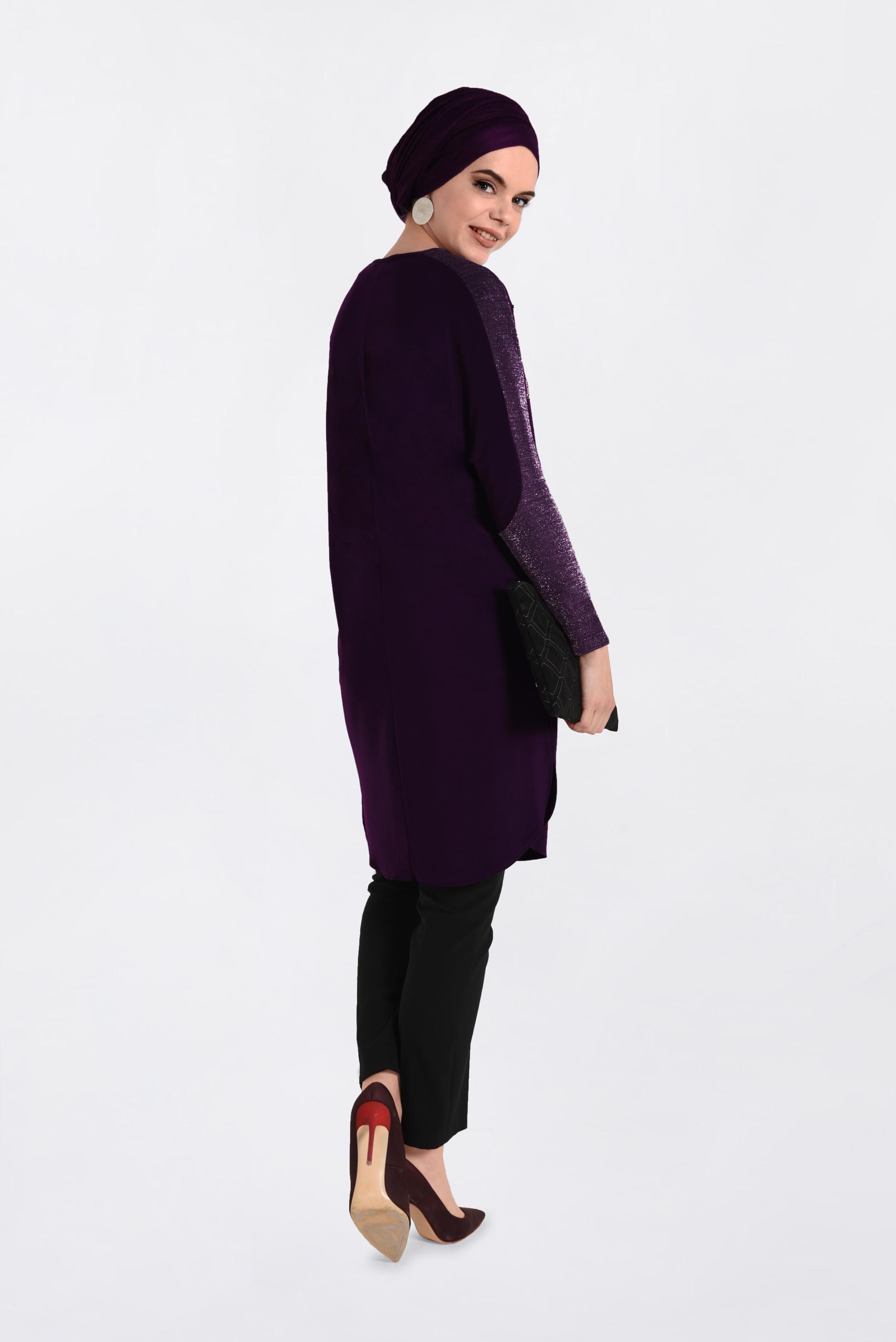 Tesettür giyim MOR KOLLARI SİMLİ ETEK UCU OVAL KESİM TUNİK 4154