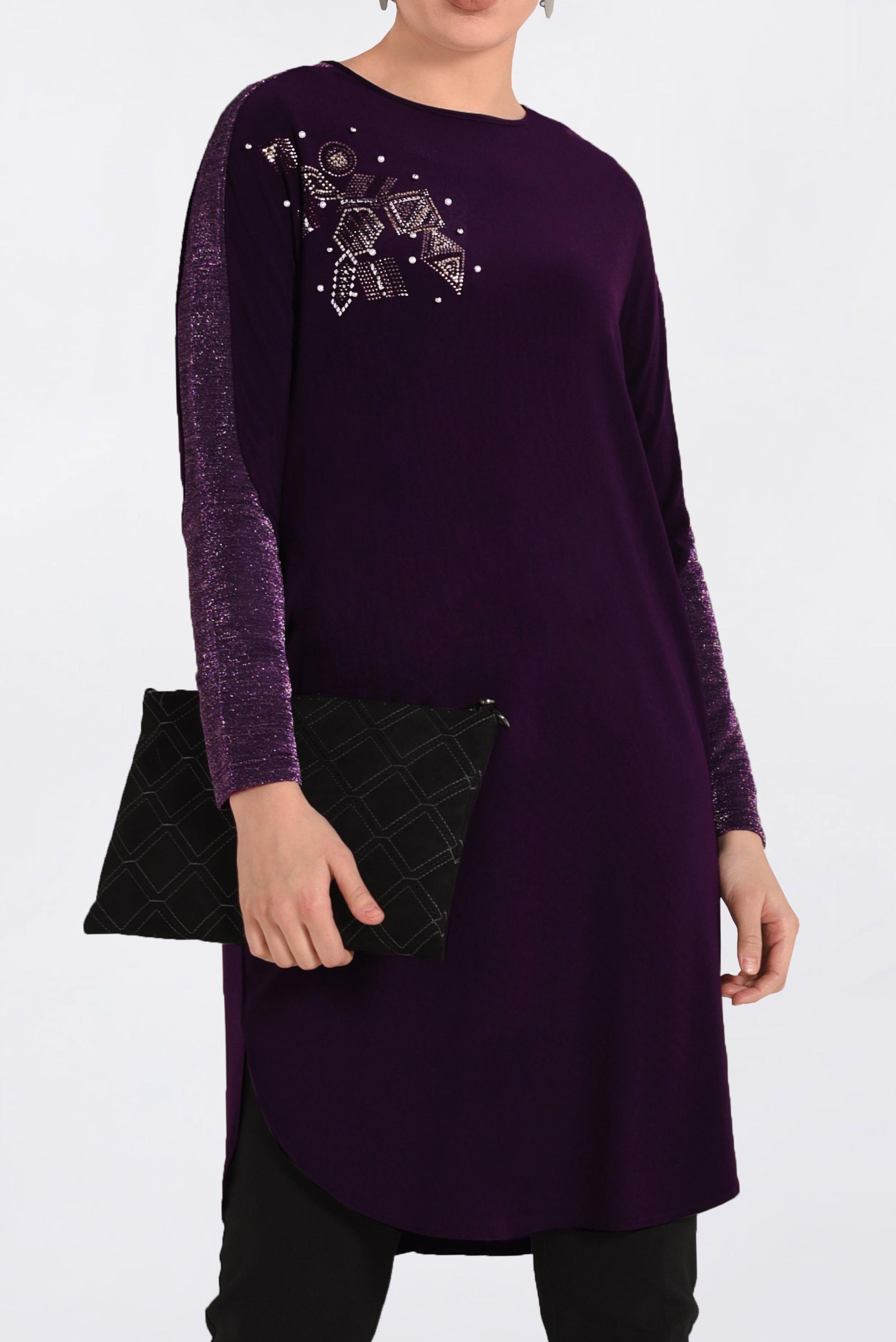 Tesettür giyim MOR KOLLARI SİMLİ ETEK UCU OVAL KESİM TUNİK 4154