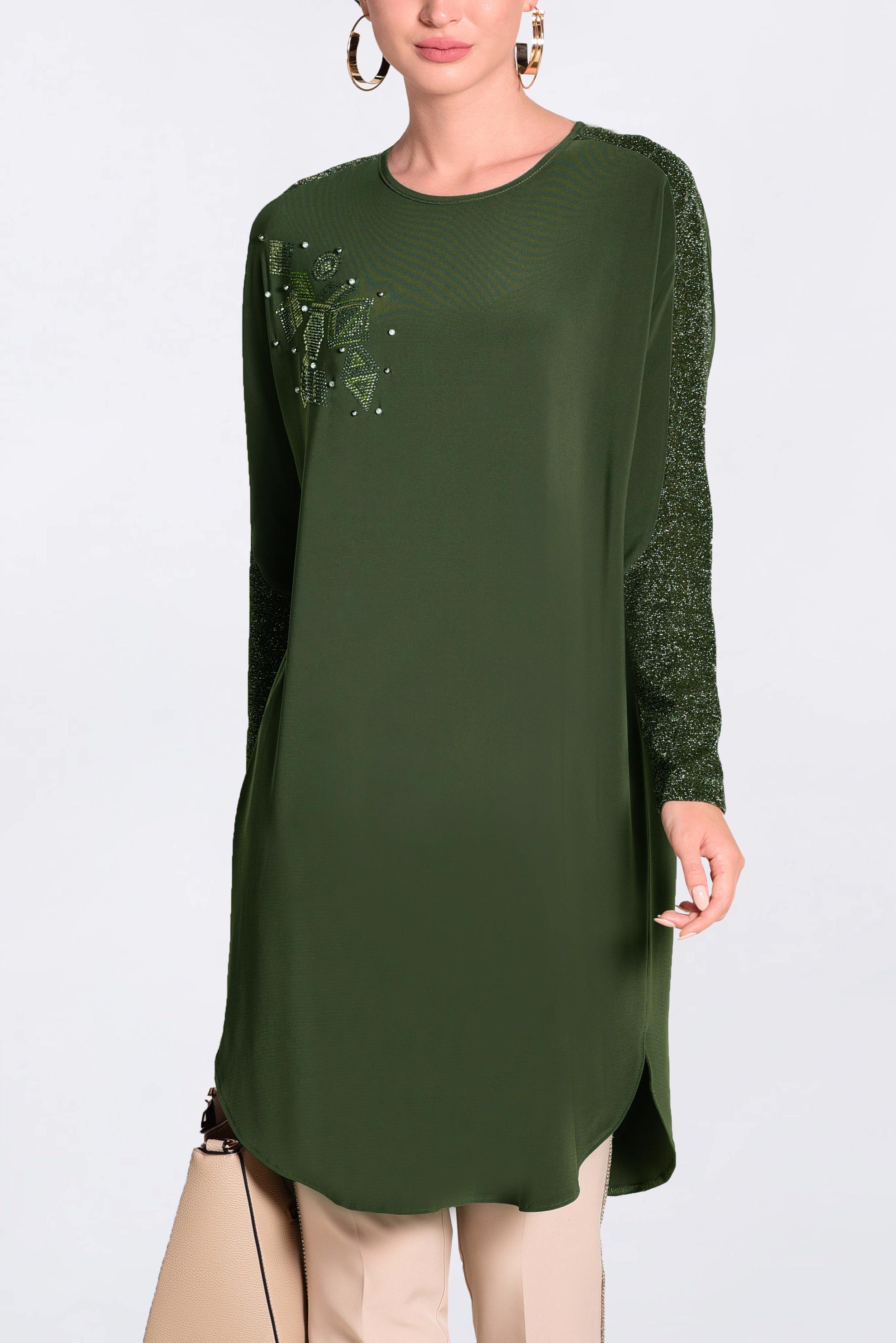 Tesettür giyim HAKİ KOLLARI SİMLİ ETEK UCU OVAL KESİM TUNİK 4154