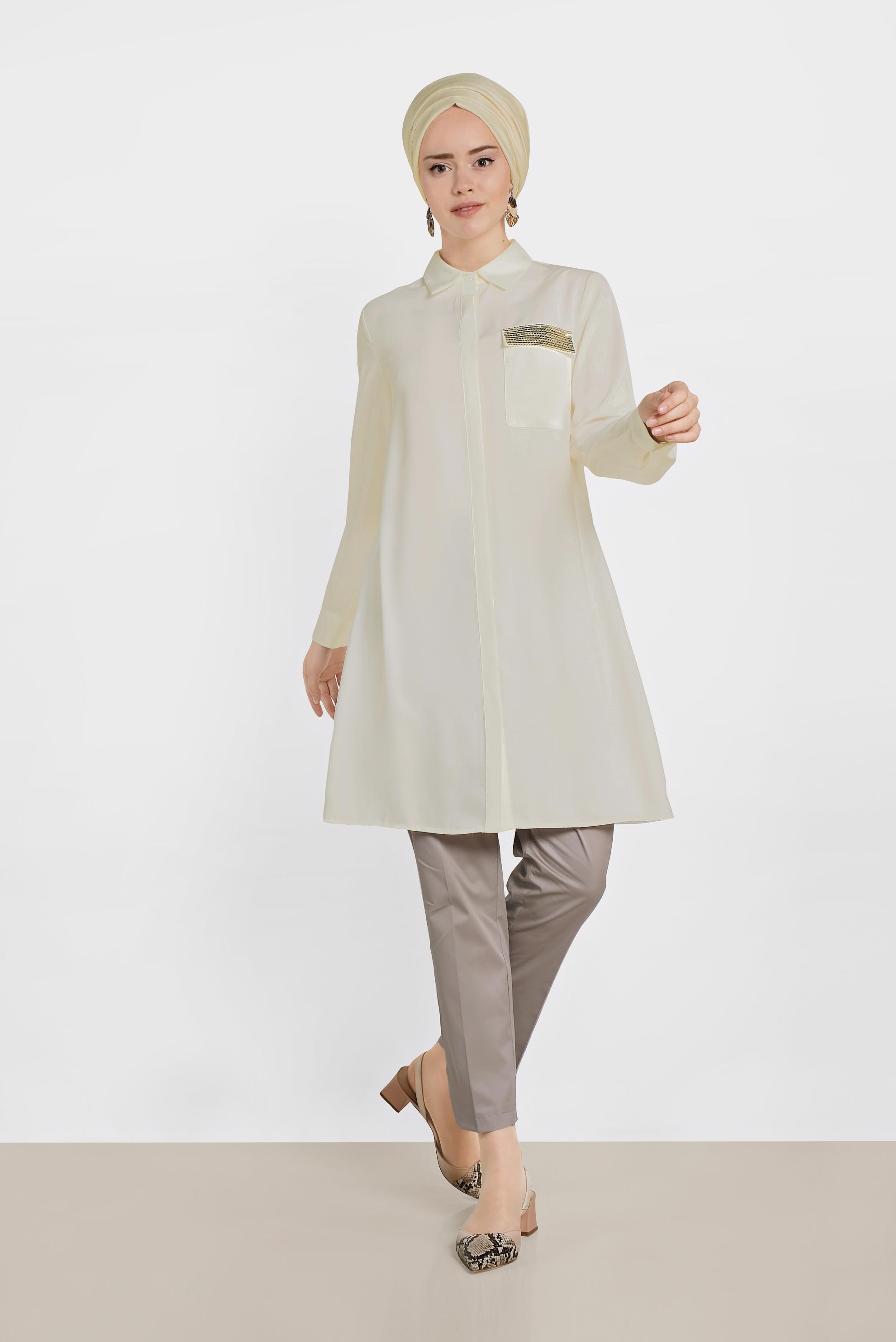 Tesettür giyim BEYAZ PUL PAYET DETAYLI ERKEK YAKA TUNİK 4156 