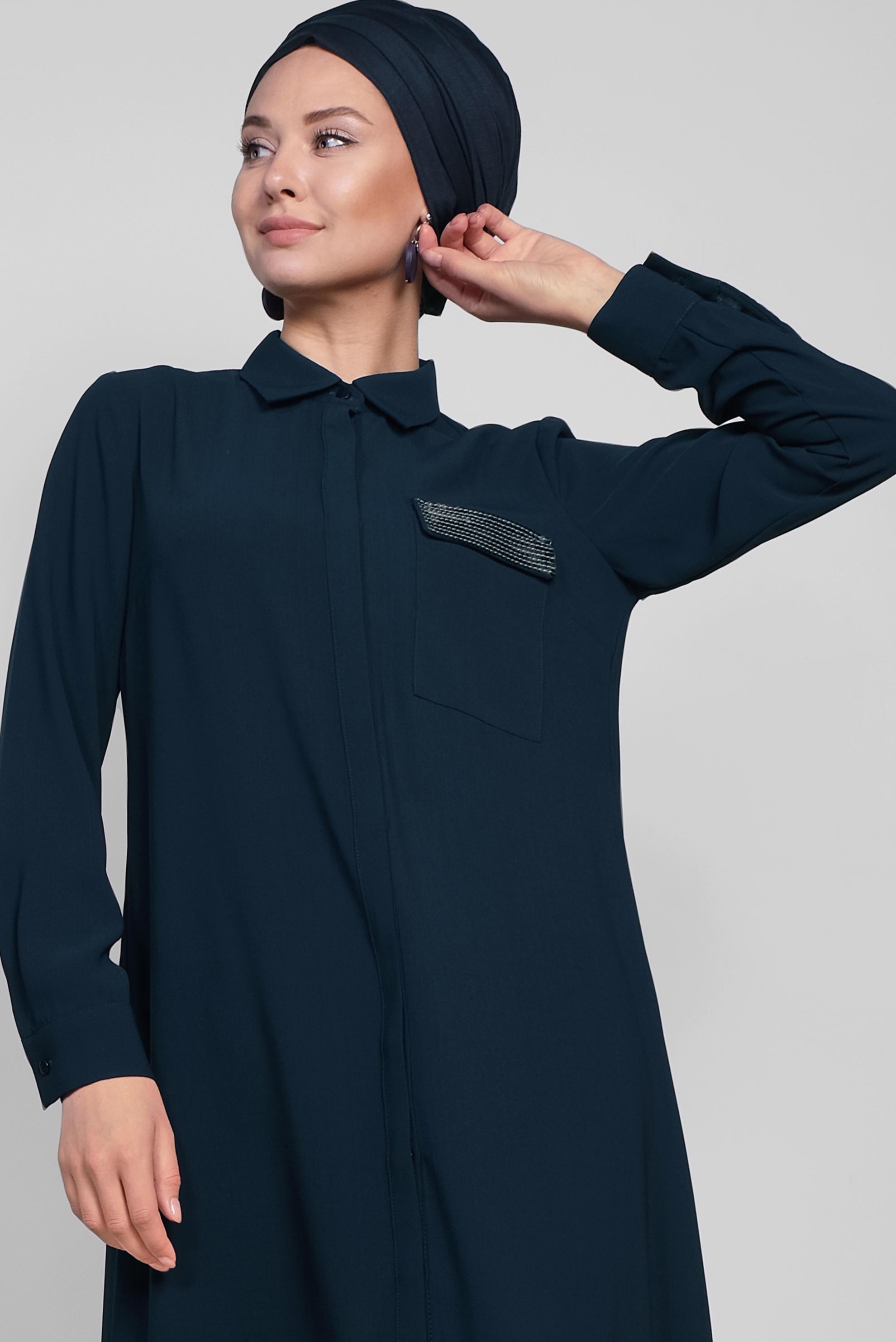 Tesettür giyim LACİVERT PUL PAYET DETAYLI ERKEK YAKA TUNİK 4156 