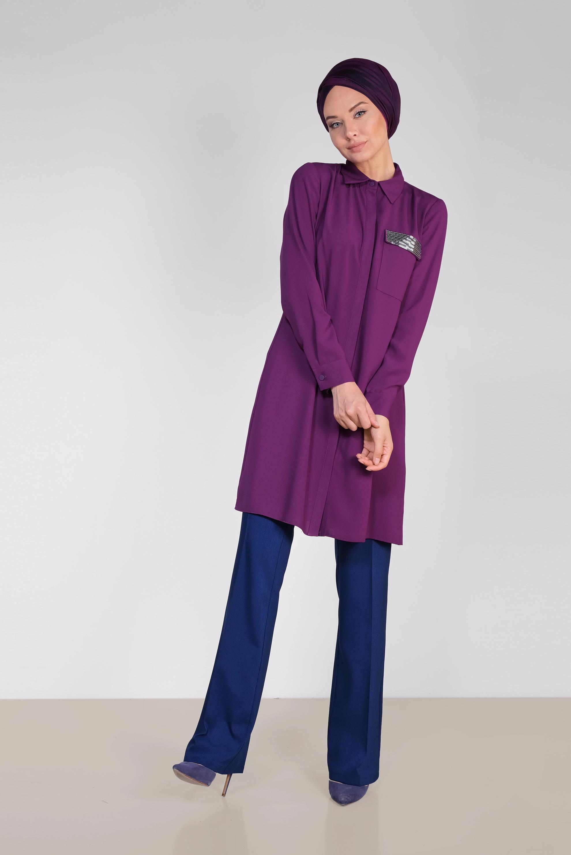 Tesettür giyim MOR PUL PAYET DETAYLI ERKEK YAKA TUNİK 4156 