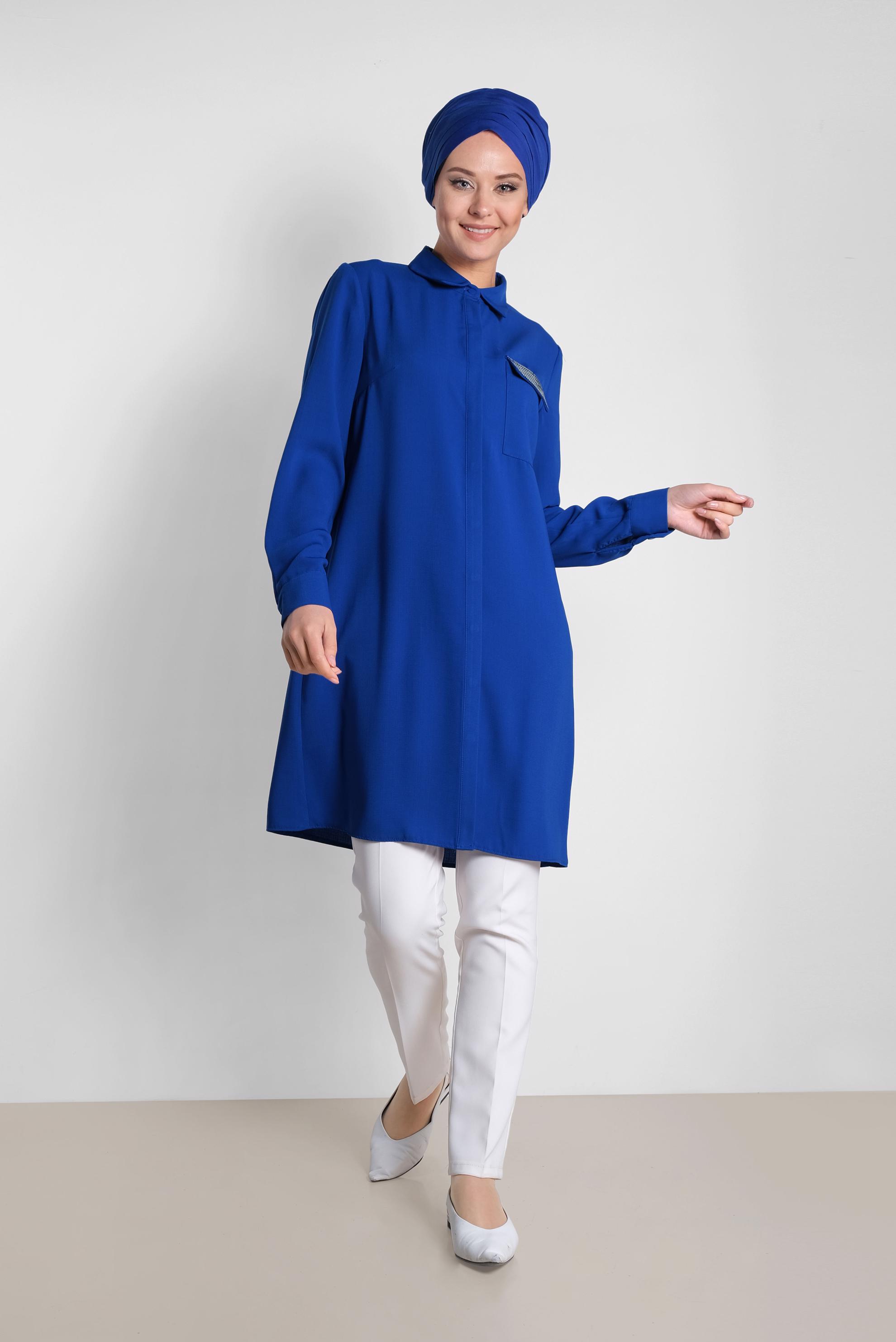 Tesettür giyim LACİVERT PUL PAYET DETAYLI ERKEK YAKA TUNİK 4156 