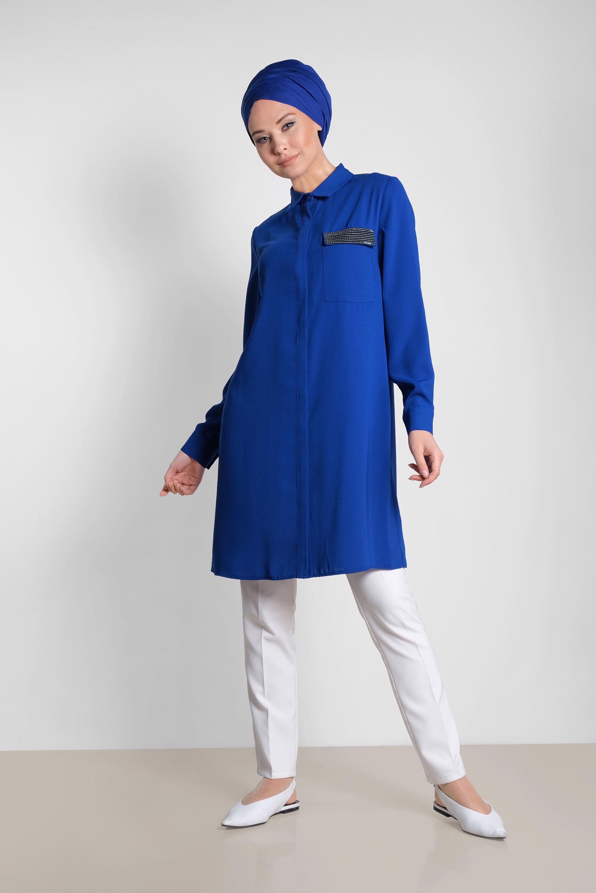 Tesettür giyim LACİVERT PUL PAYET DETAYLI ERKEK YAKA TUNİK 4156 