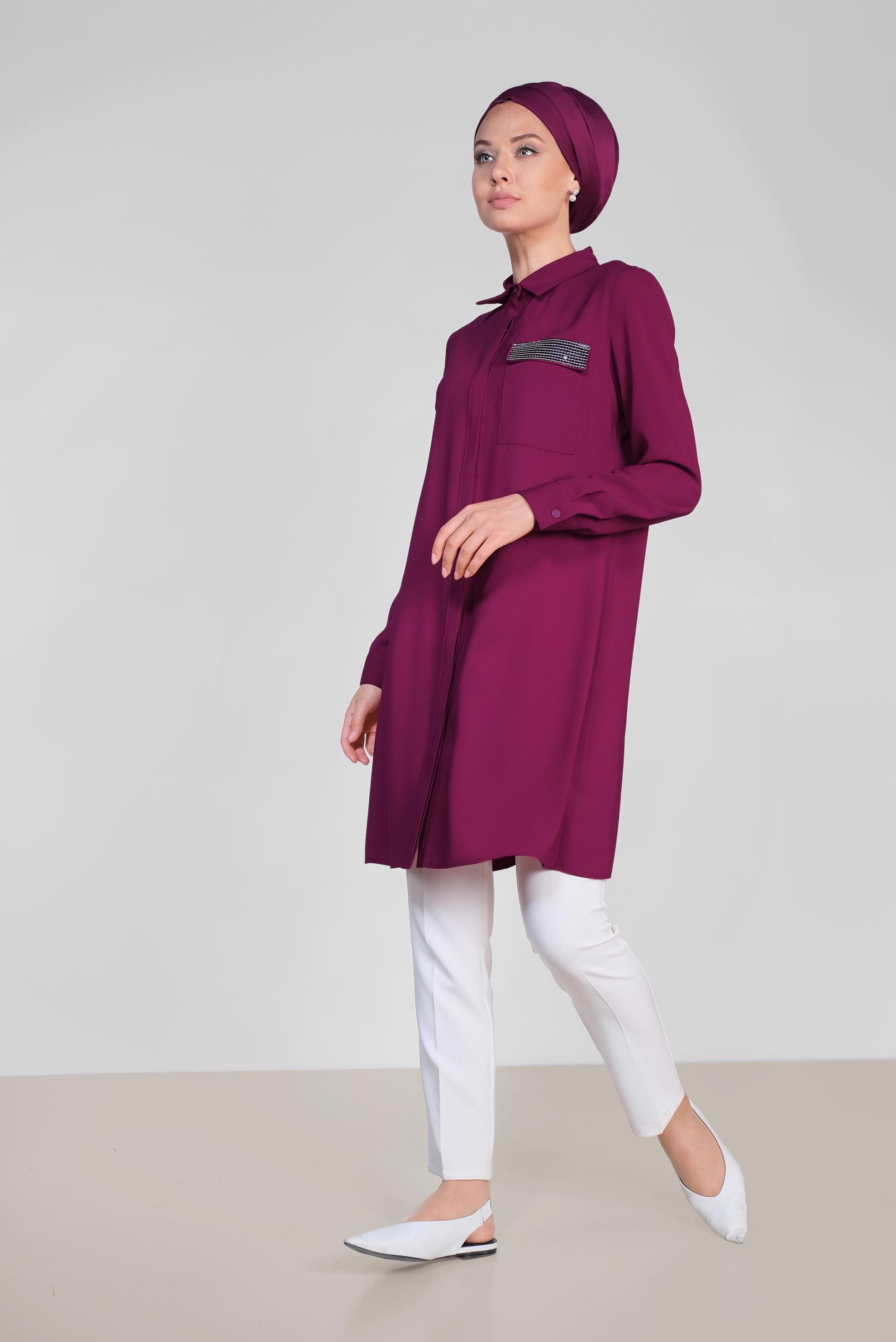 Tesettür giyim MOR PUL PAYET DETAYLI ERKEK YAKA TUNİK 4156 