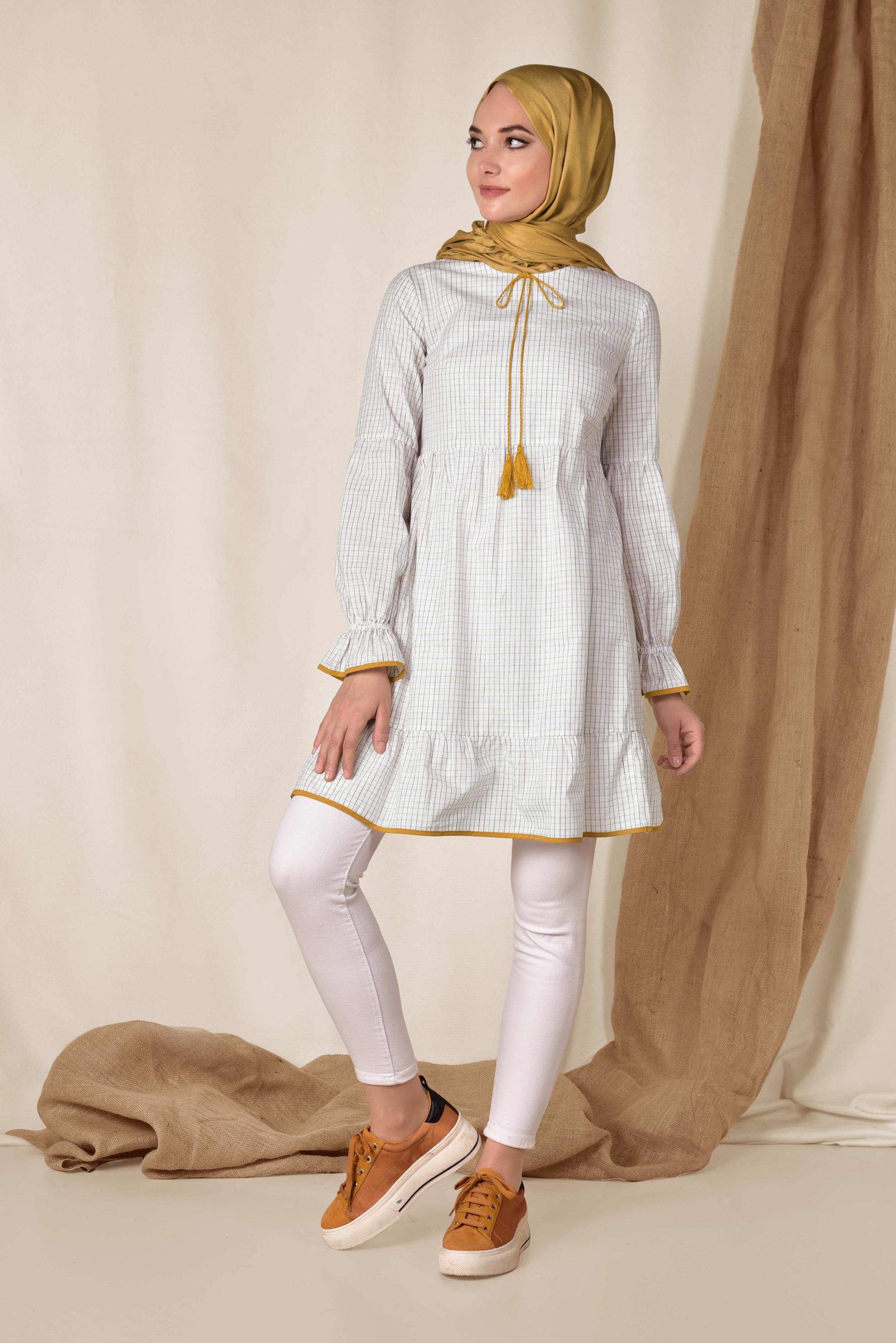 Tesettür giyim BEYAZ KARE DESENLİ PÜSKÜL DETAYLI TUNİK 4160