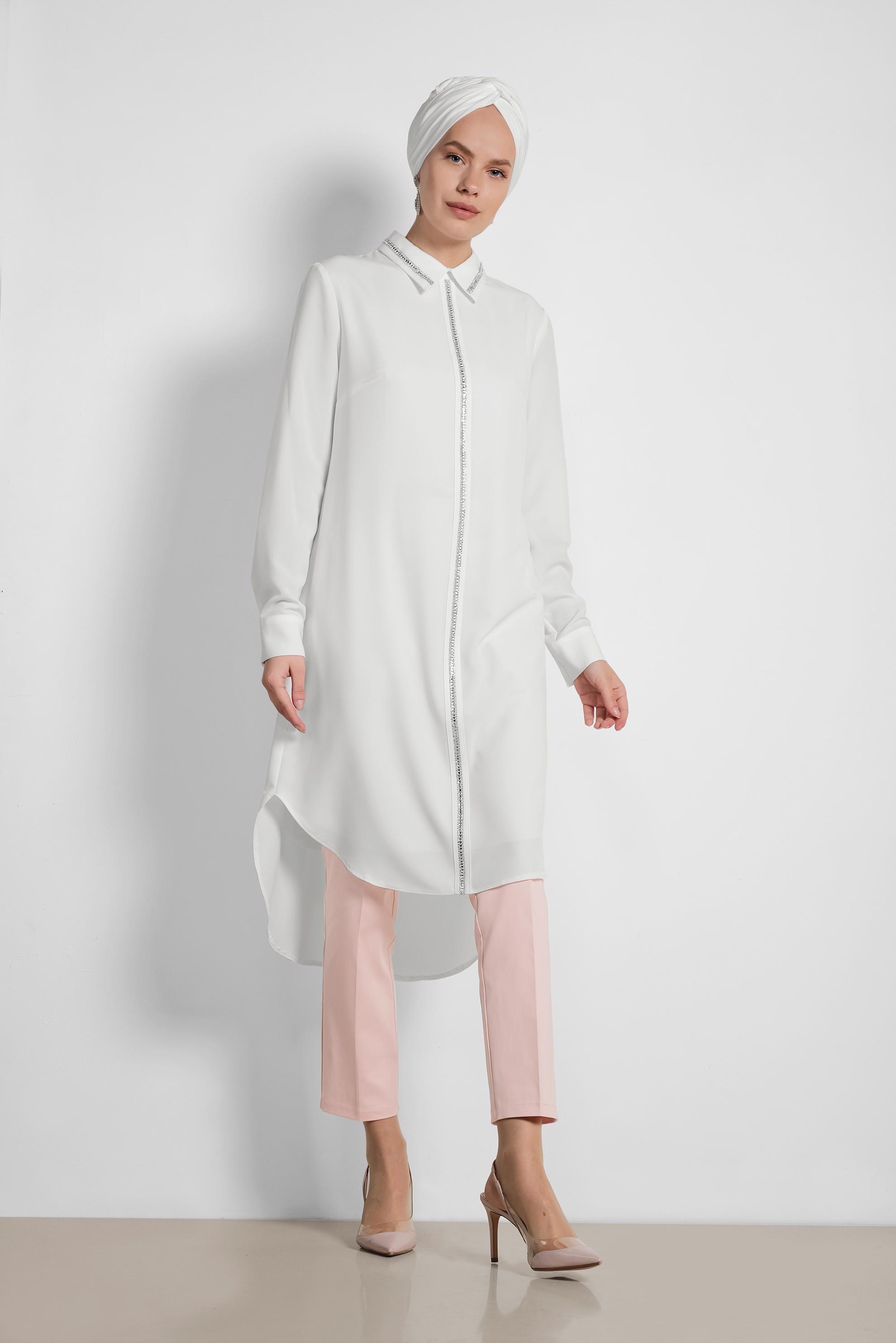 Tesettür giyim BEYAZ TAŞ İŞLEMELİ TUNİK 4161