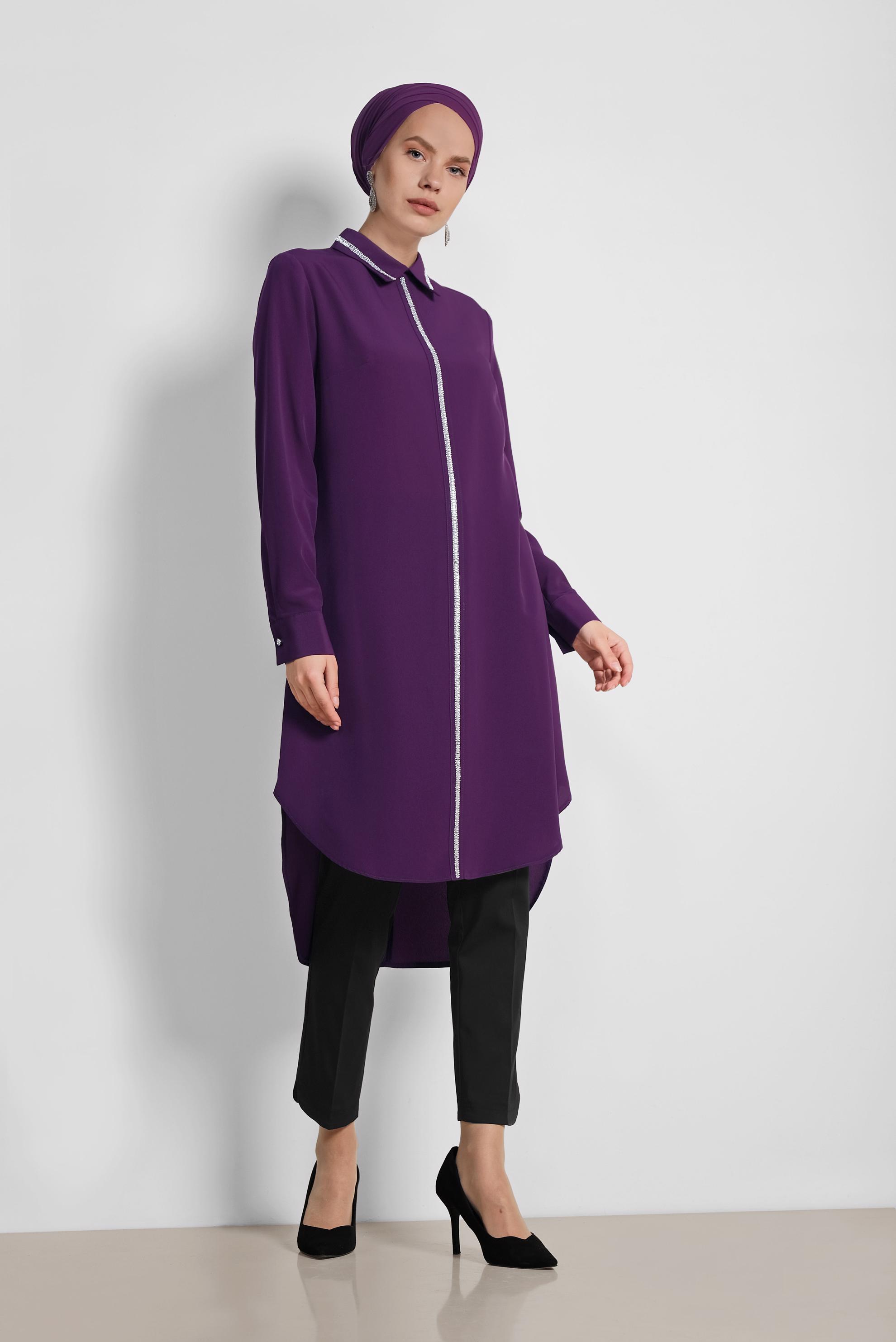 Tesettür giyim MOR TAŞ İŞLEMELİ TUNİK 4161
