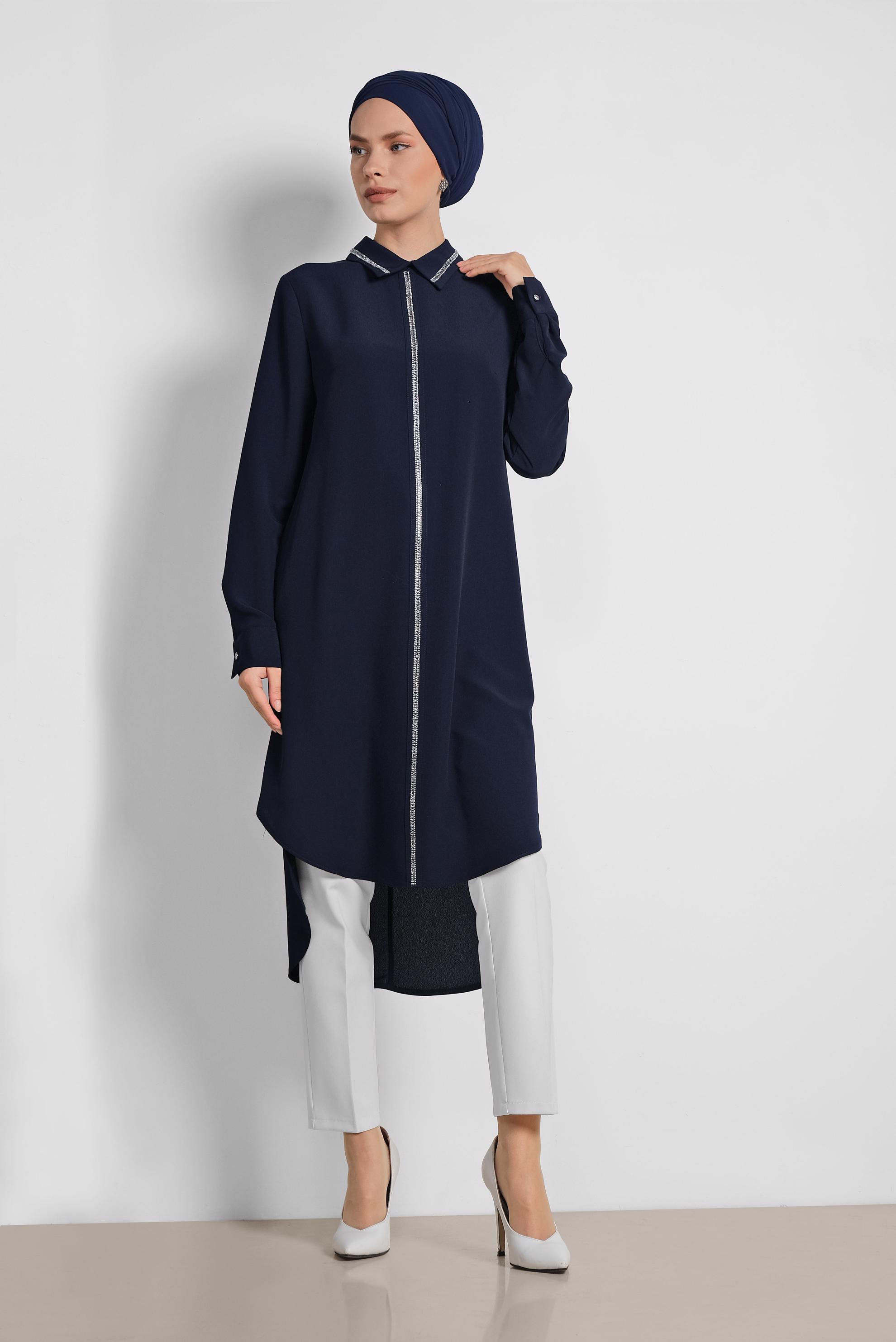 Tesettür giyim LACİVERT TAŞ İŞLEMELİ TUNİK 4161