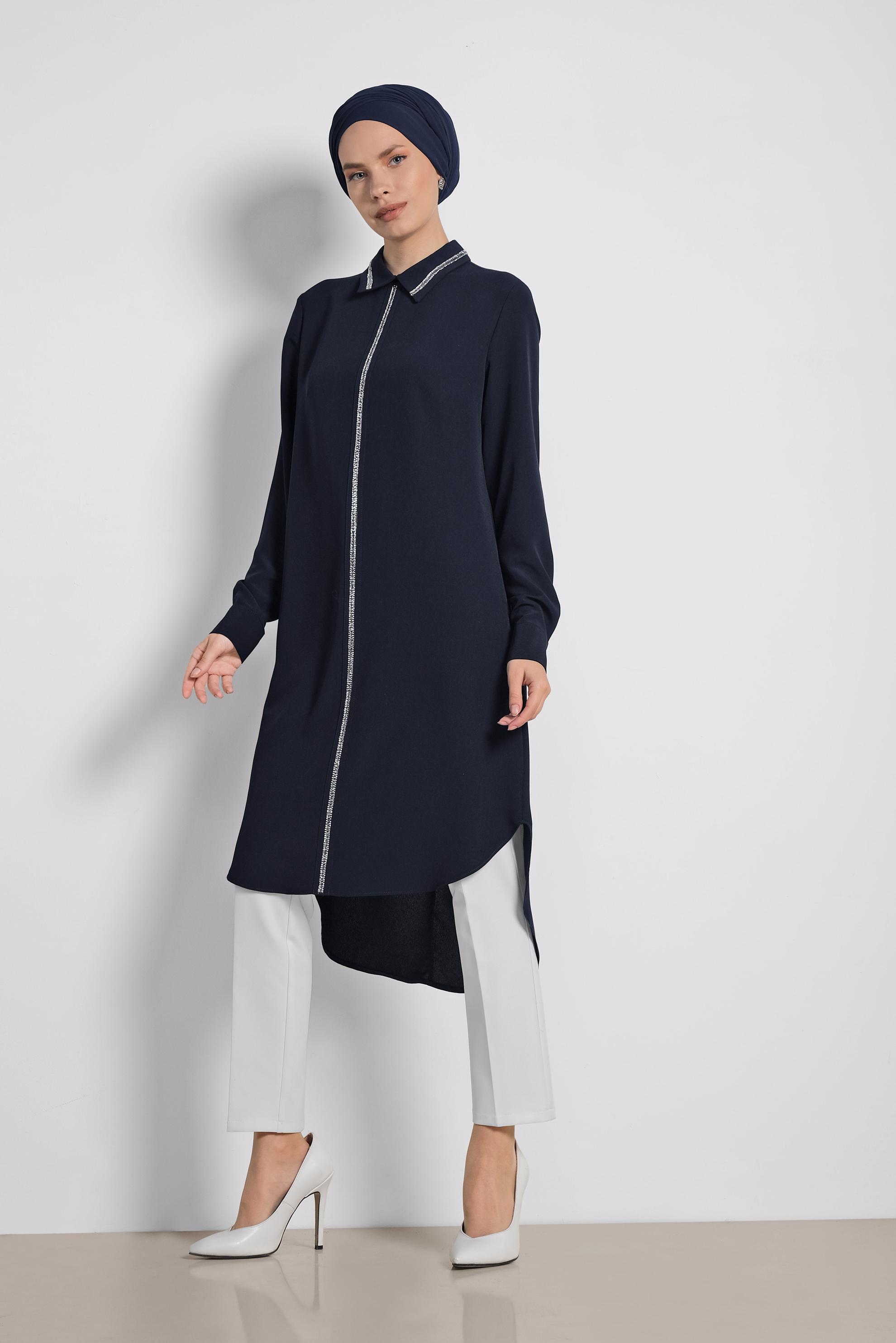 Tesettür giyim LACİVERT TAŞ İŞLEMELİ TUNİK 4161