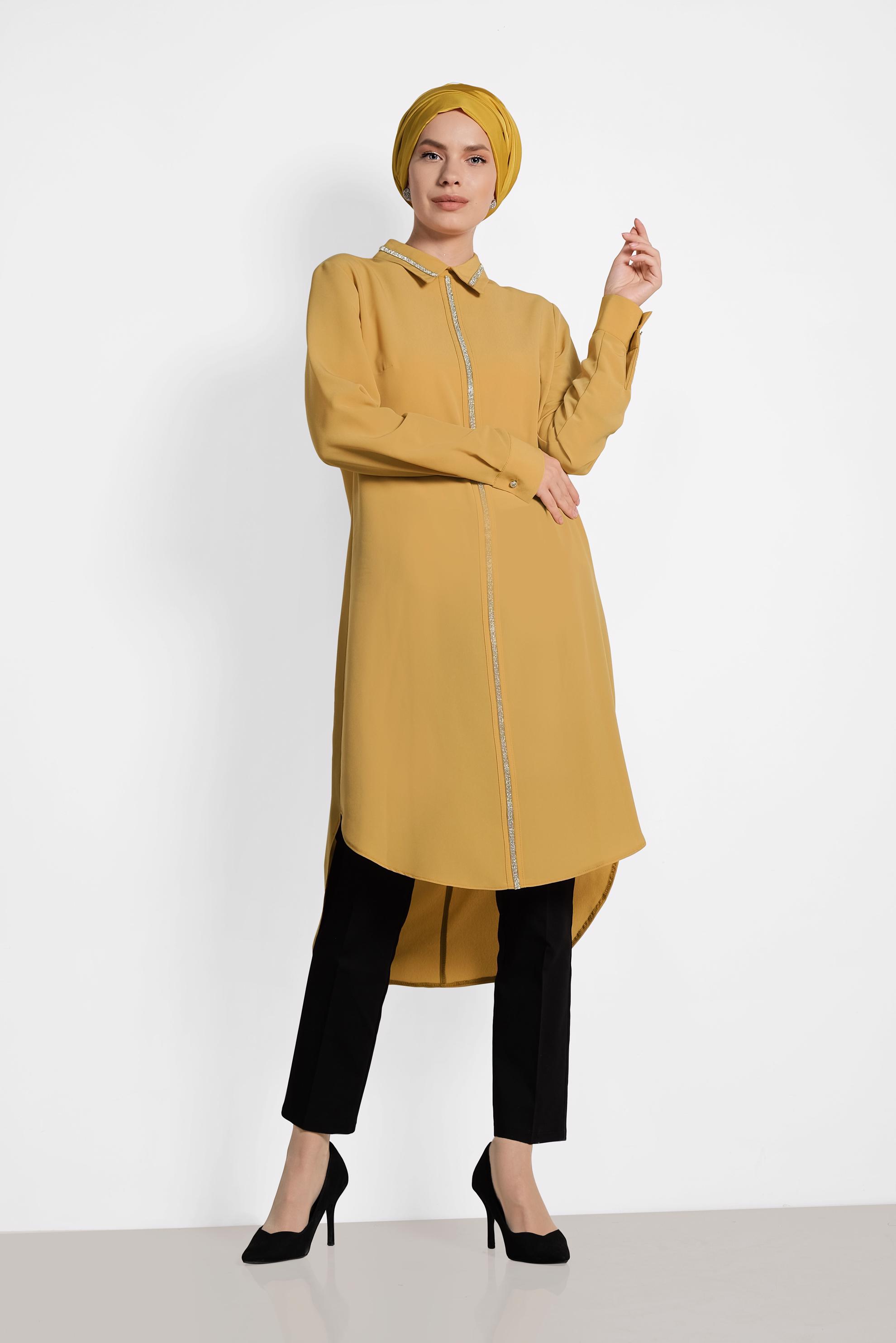 Tesettür giyim SARI TAŞ İŞLEMELİ TUNİK 4161