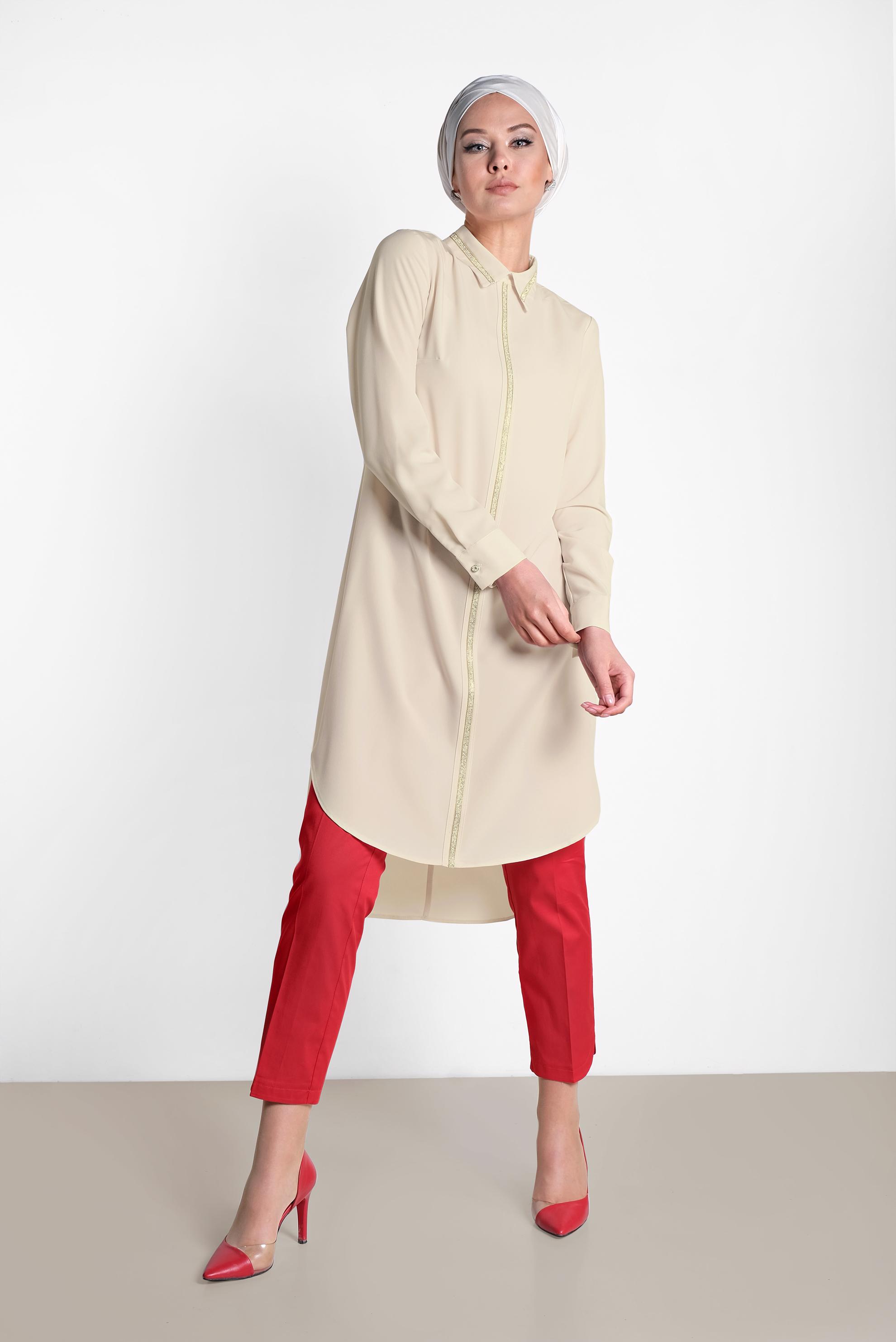 Tesettür giyim EKRU TAŞ İŞLEMELİ TUNİK 4161