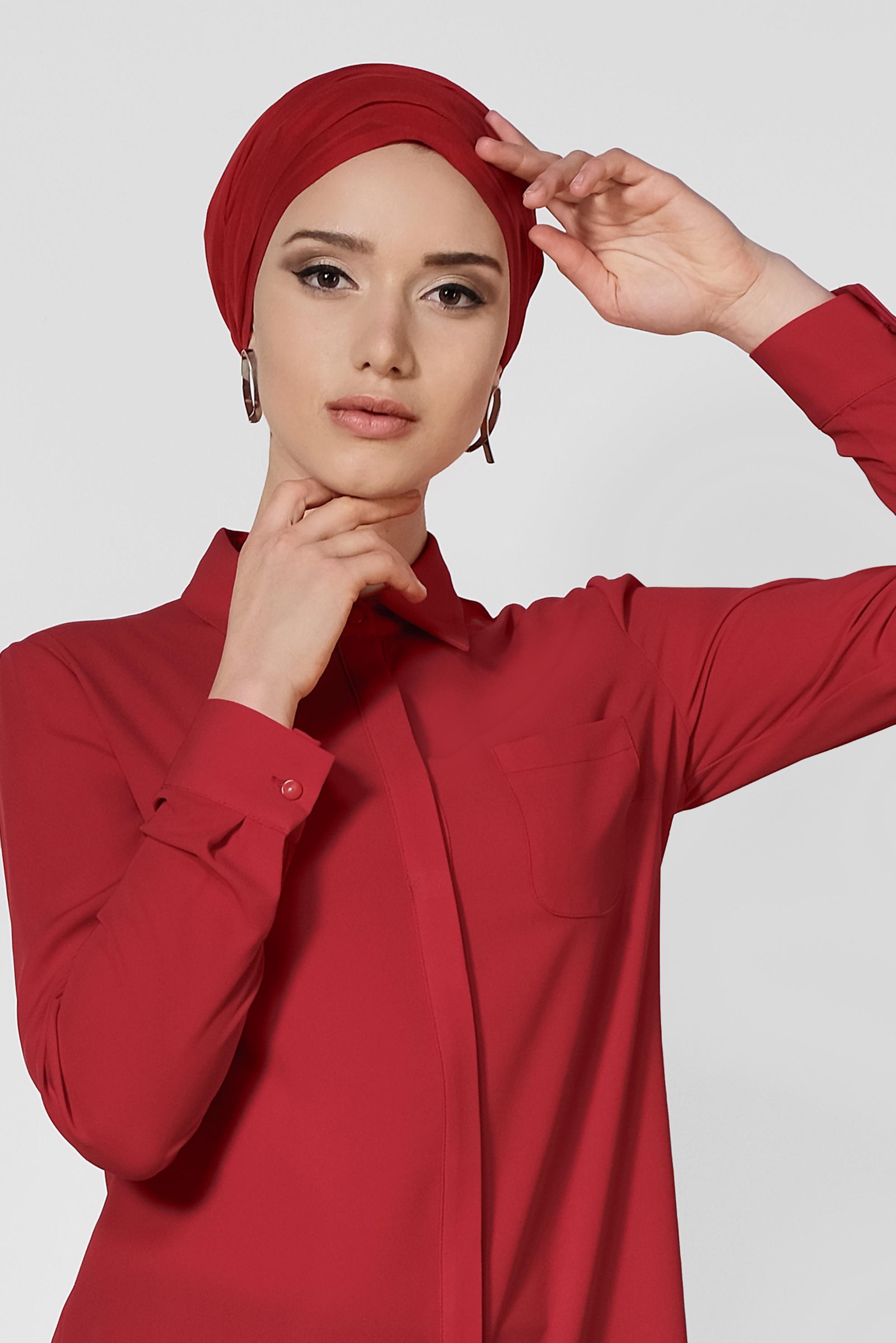 Tesettür giyim KIRMIZI ERKEK YAKA KLASİK GÖMLEK 4164