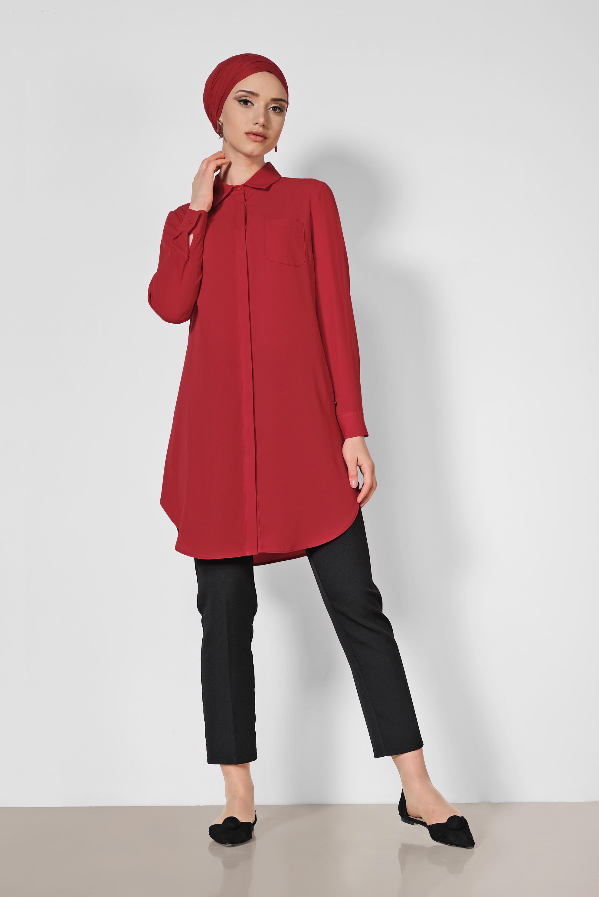 Tesettür giyim KIRMIZI ERKEK YAKA KLASİK GÖMLEK 4164