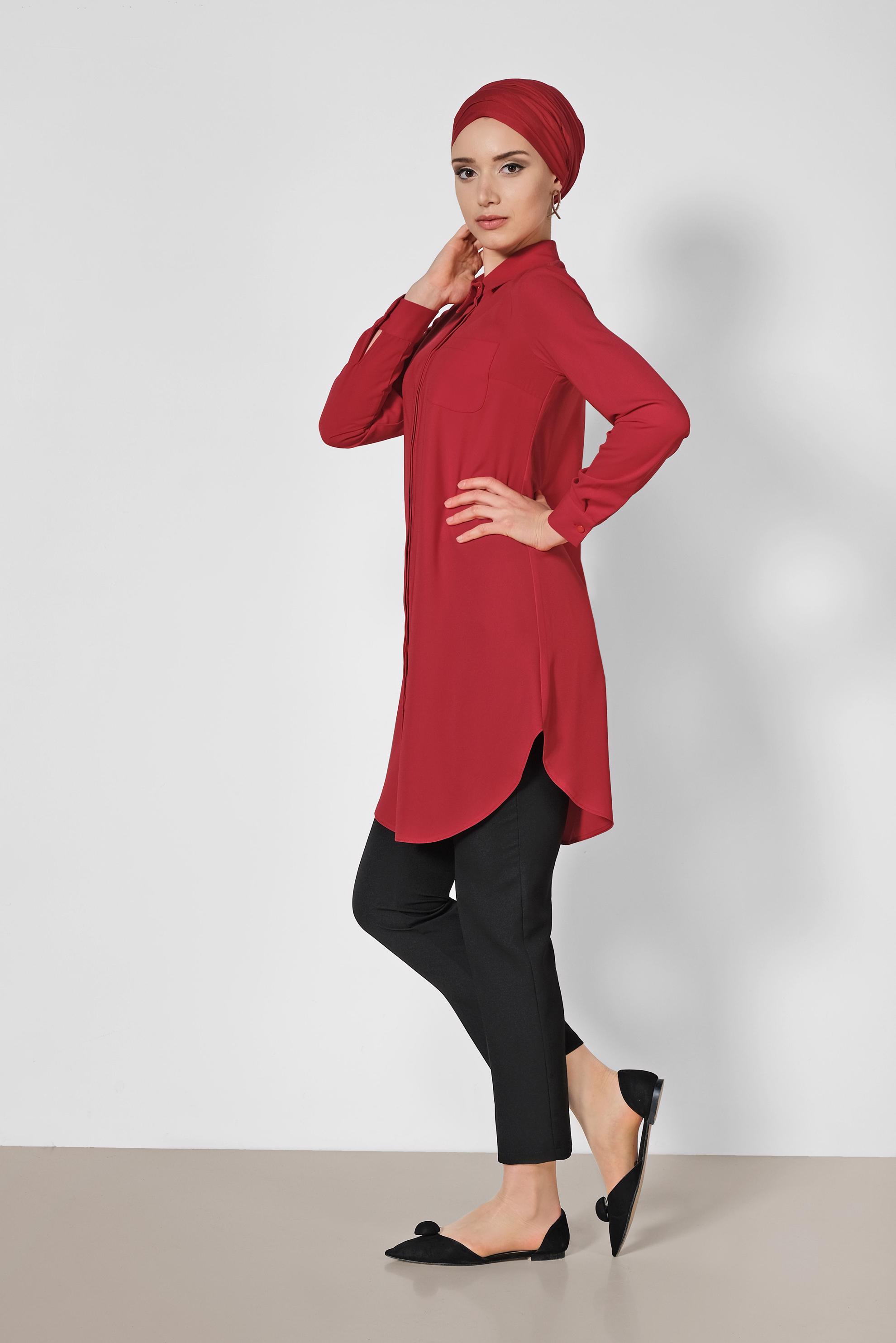 Tesettür giyim KIRMIZI ERKEK YAKA KLASİK GÖMLEK 4164