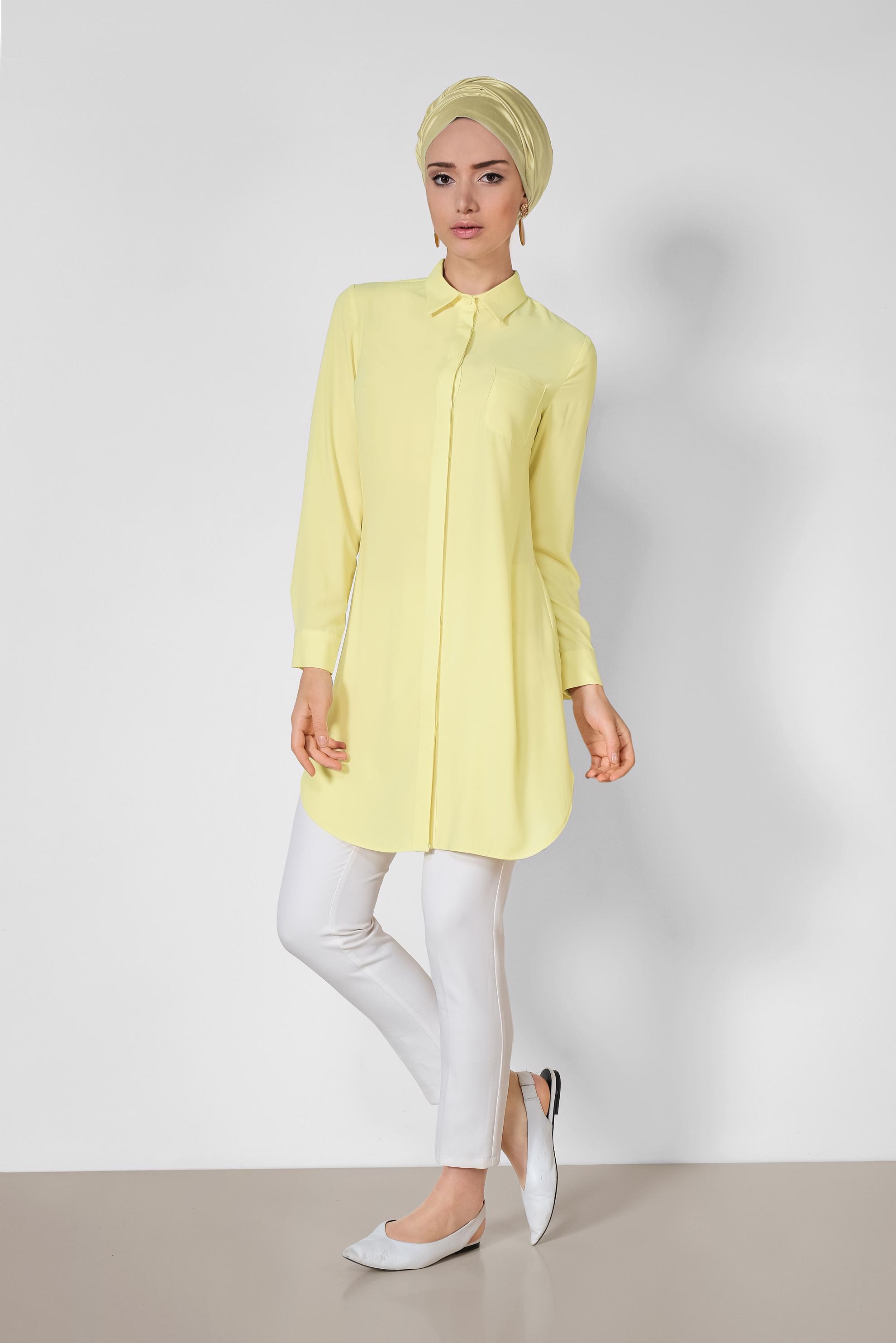 Tesettür giyim SARI ERKEK YAKA KLASİK GÖMLEK 4164