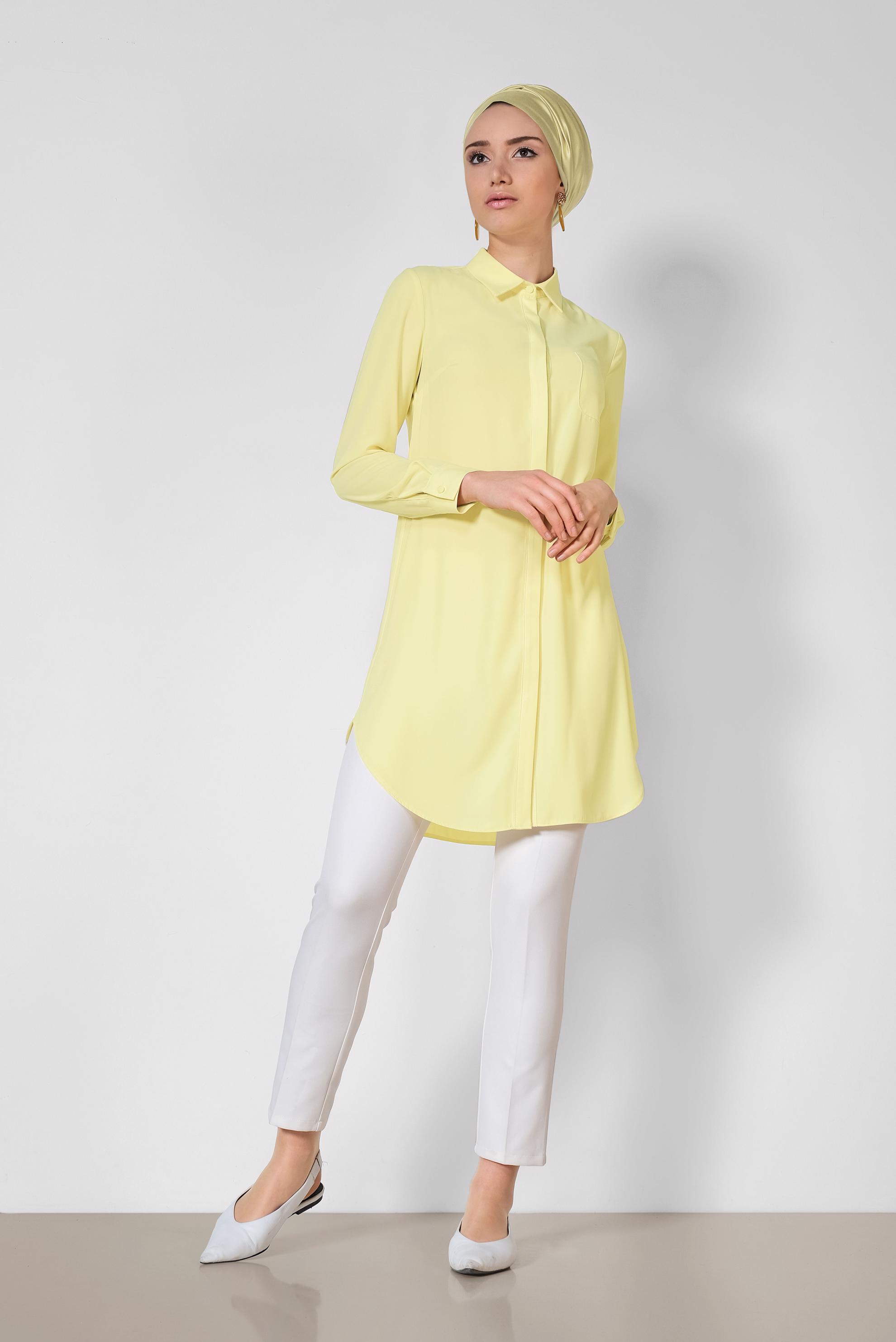Tesettür giyim SARI ERKEK YAKA KLASİK GÖMLEK 4164