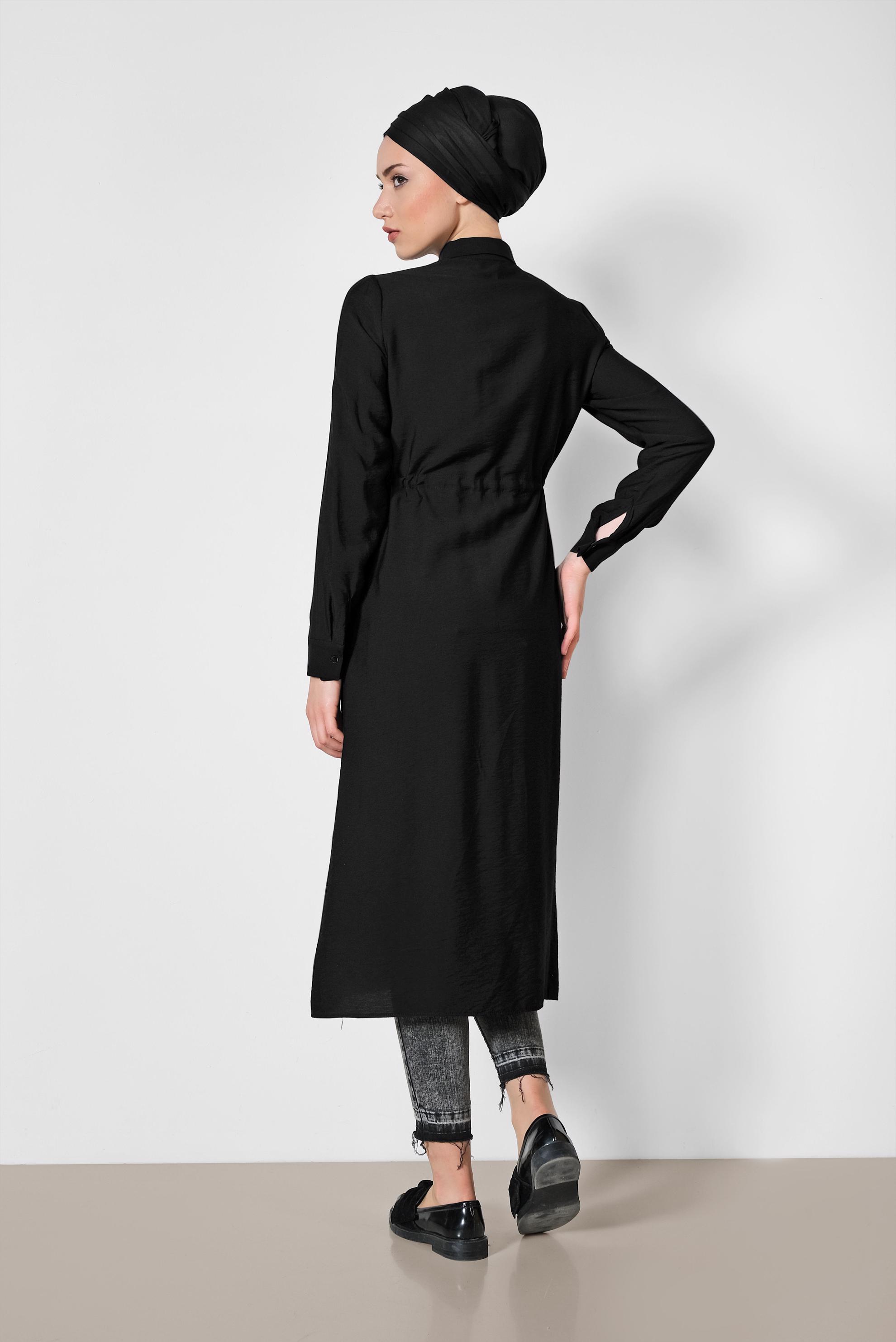 Tesettür giyim SİYAH BELİ BÜZGÜLÜ ÖNDEN DÜĞMELİ TUNİK 4165