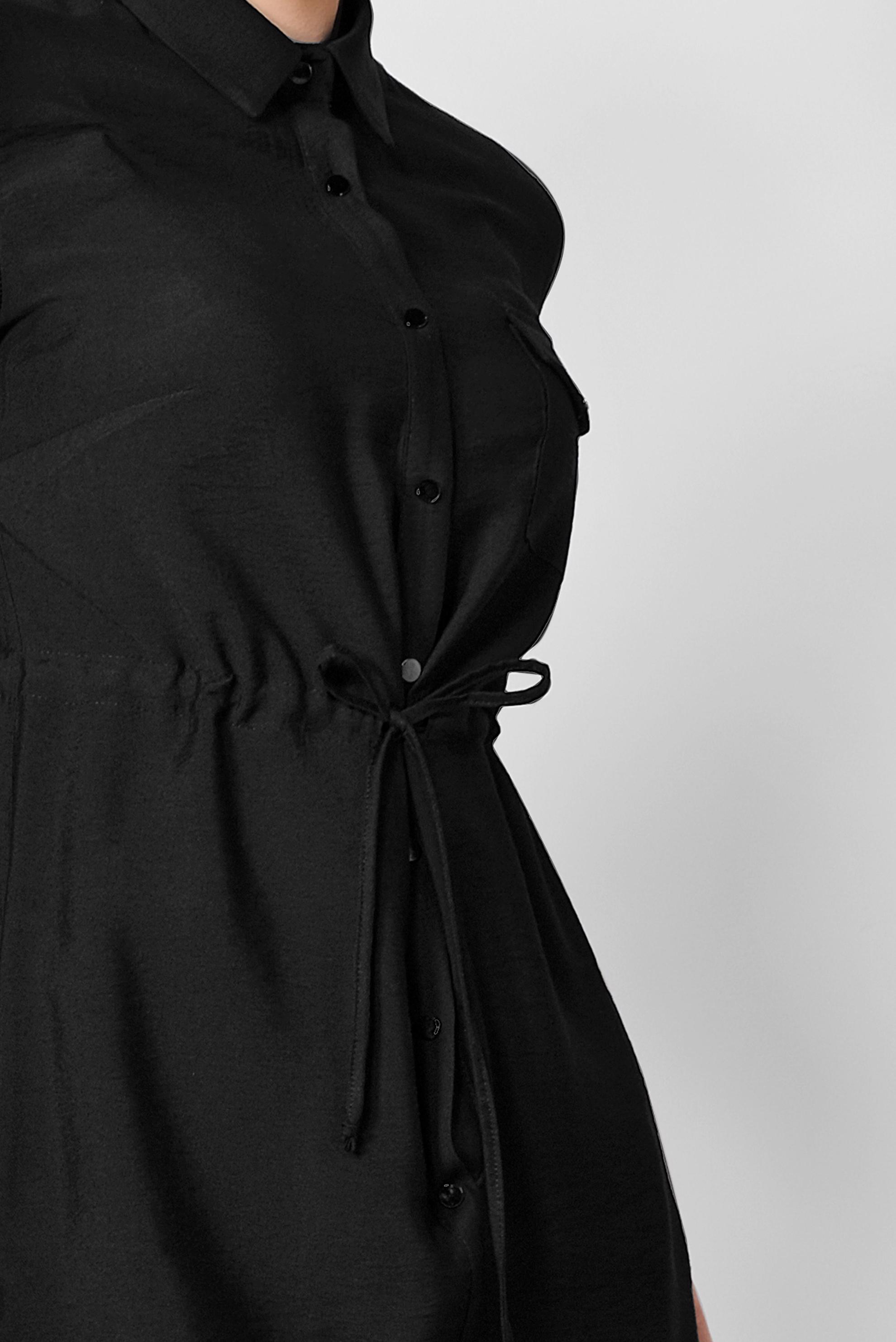 Tesettür giyim SİYAH BELİ BÜZGÜLÜ ÖNDEN DÜĞMELİ TUNİK 4165