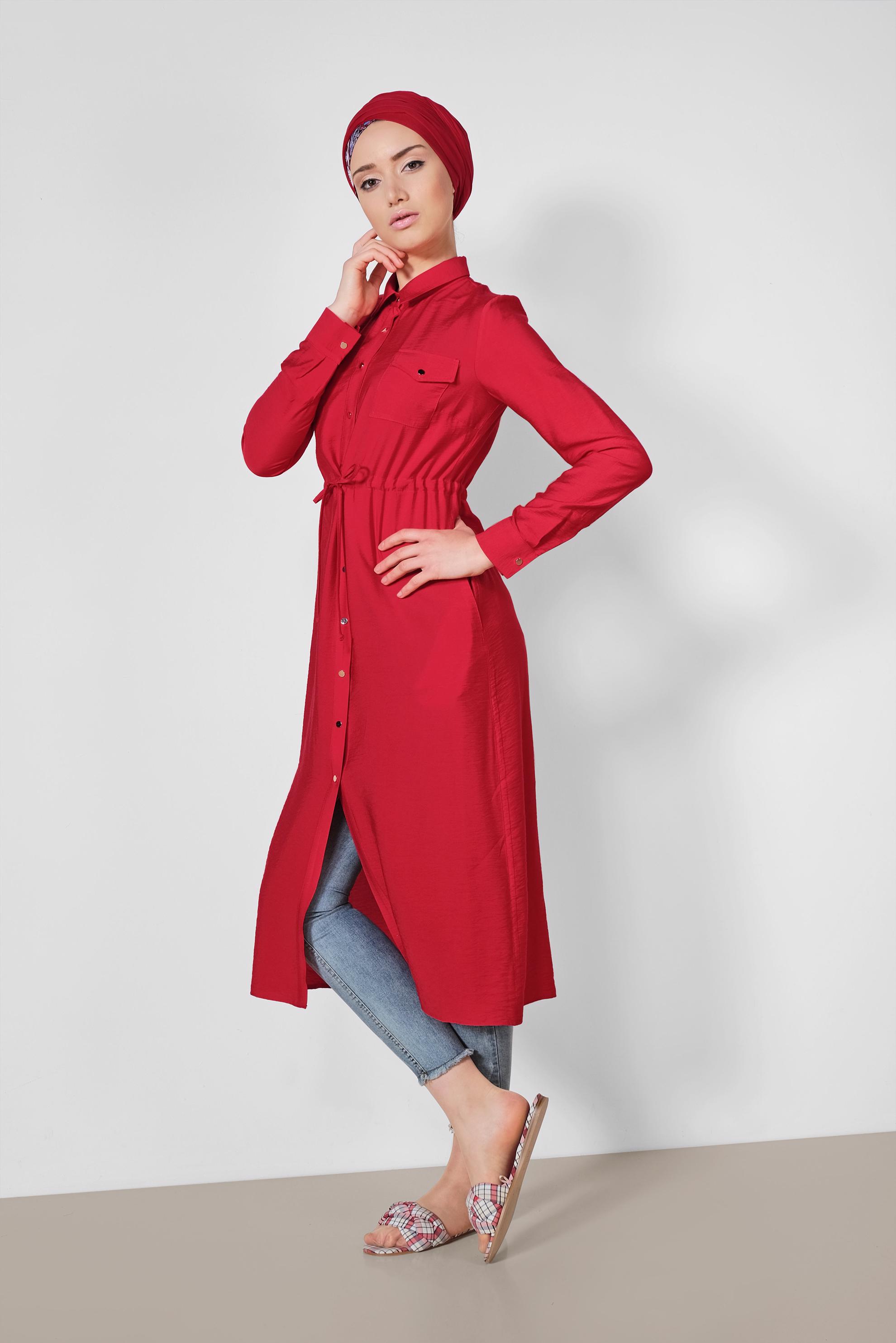 Tesettür giyim KIRMIZI BELİ BÜZGÜLÜ ÖNDEN DÜĞMELİ TUNİK 4165