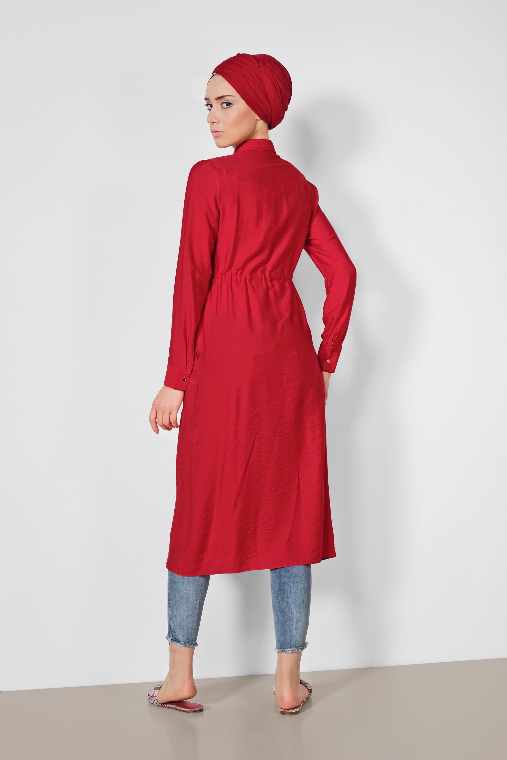 Tesettür giyim KIRMIZI BELİ BÜZGÜLÜ ÖNDEN DÜĞMELİ TUNİK 4165